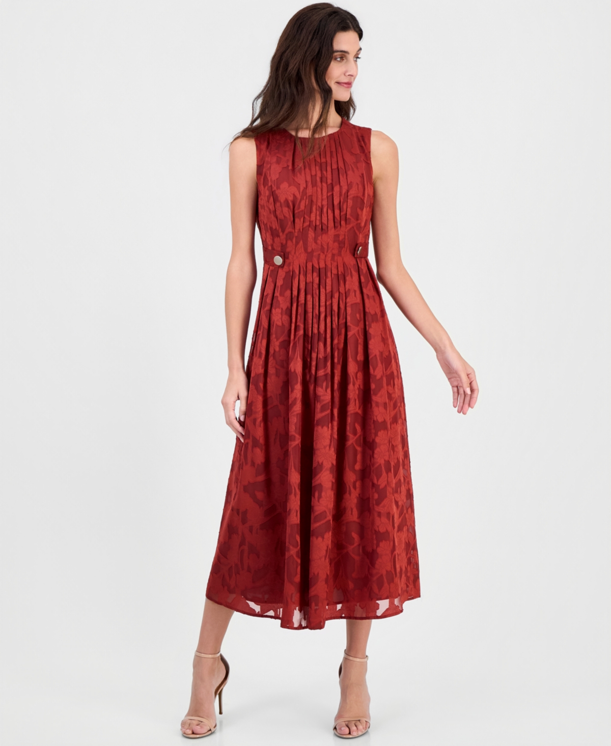Anne Klein Women’s Pleated-Front Button-Tab Scoop Neck A-Line Midi Dress – Rust Anne Klein Women’s Pleated-Front Button-Tab Scoop Neck A-Line Midi Dress – Rust
