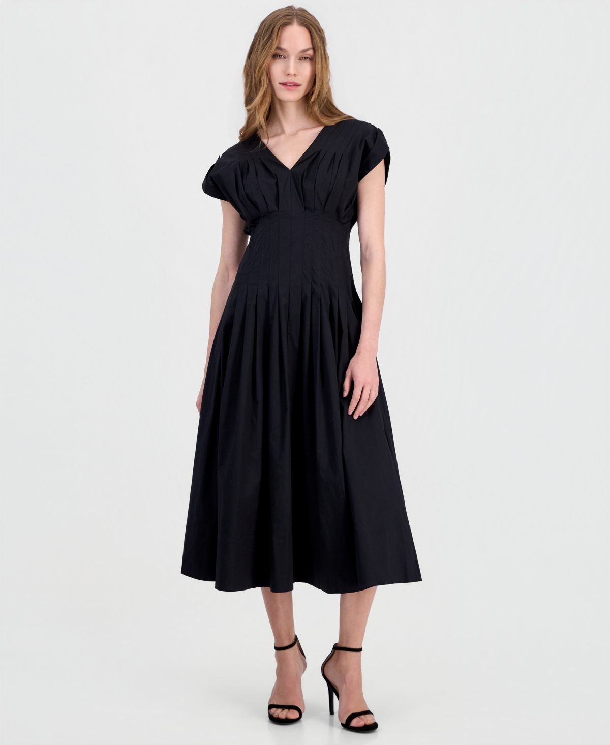 Anne Klein Women’s Pleated-Waist V-Neck Midi Dress – Anne Black Anne Klein Women’s Pleated-Waist V-Neck Midi Dress – Anne Black