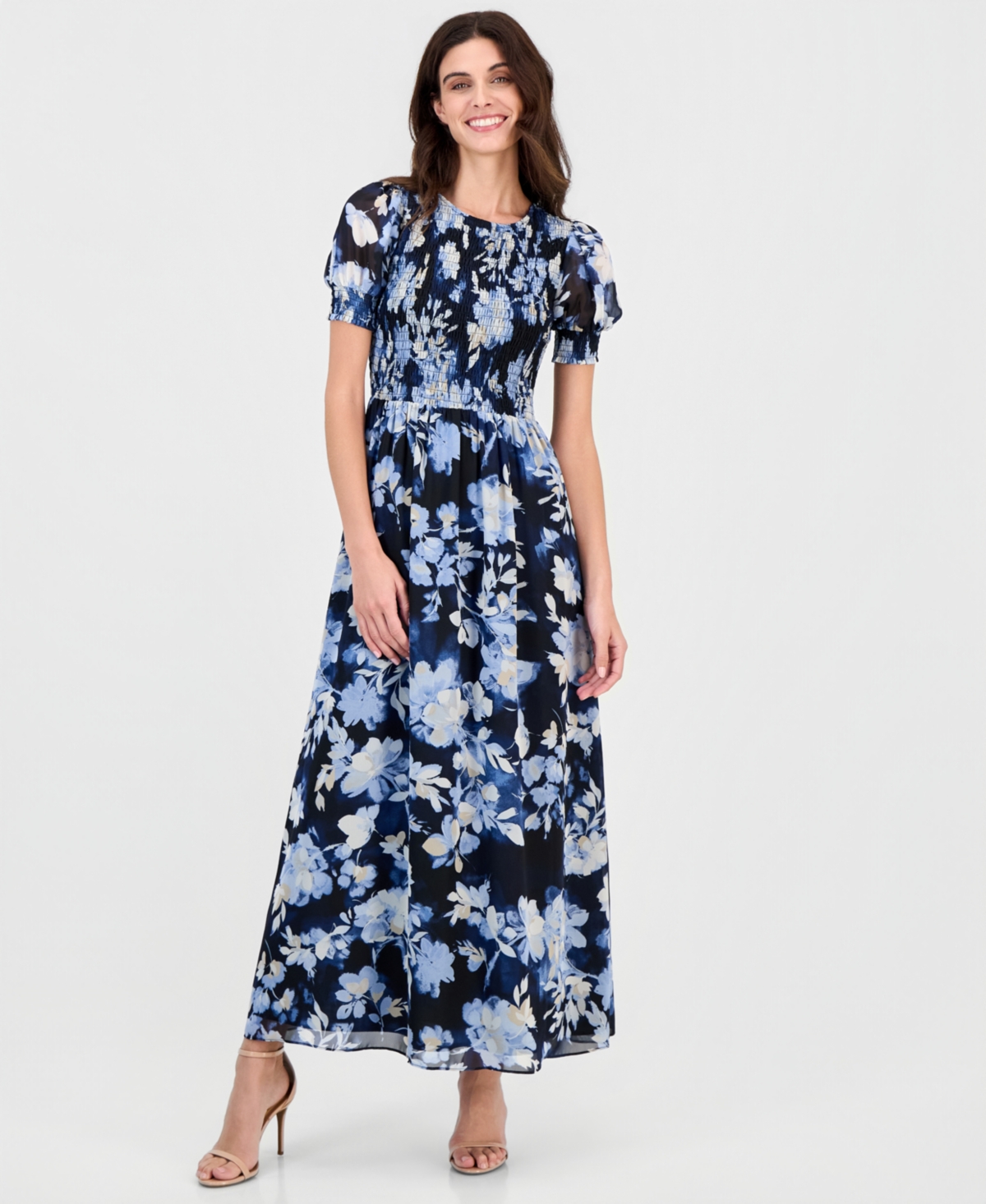 Anne Klein Women’s Printed Puff-Sleeve Smocked Maxi Dress – Dutch Blue Multi Anne Klein Women’s Printed Puff-Sleeve Smocked Maxi Dress – Dutch Blue Multi