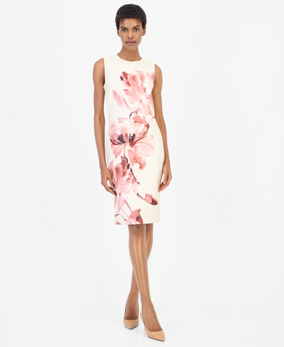 Anne Klein Women’s Printed Scuba Sleeveless Floral Crewneck Dress – IVORY SHELL MULTI