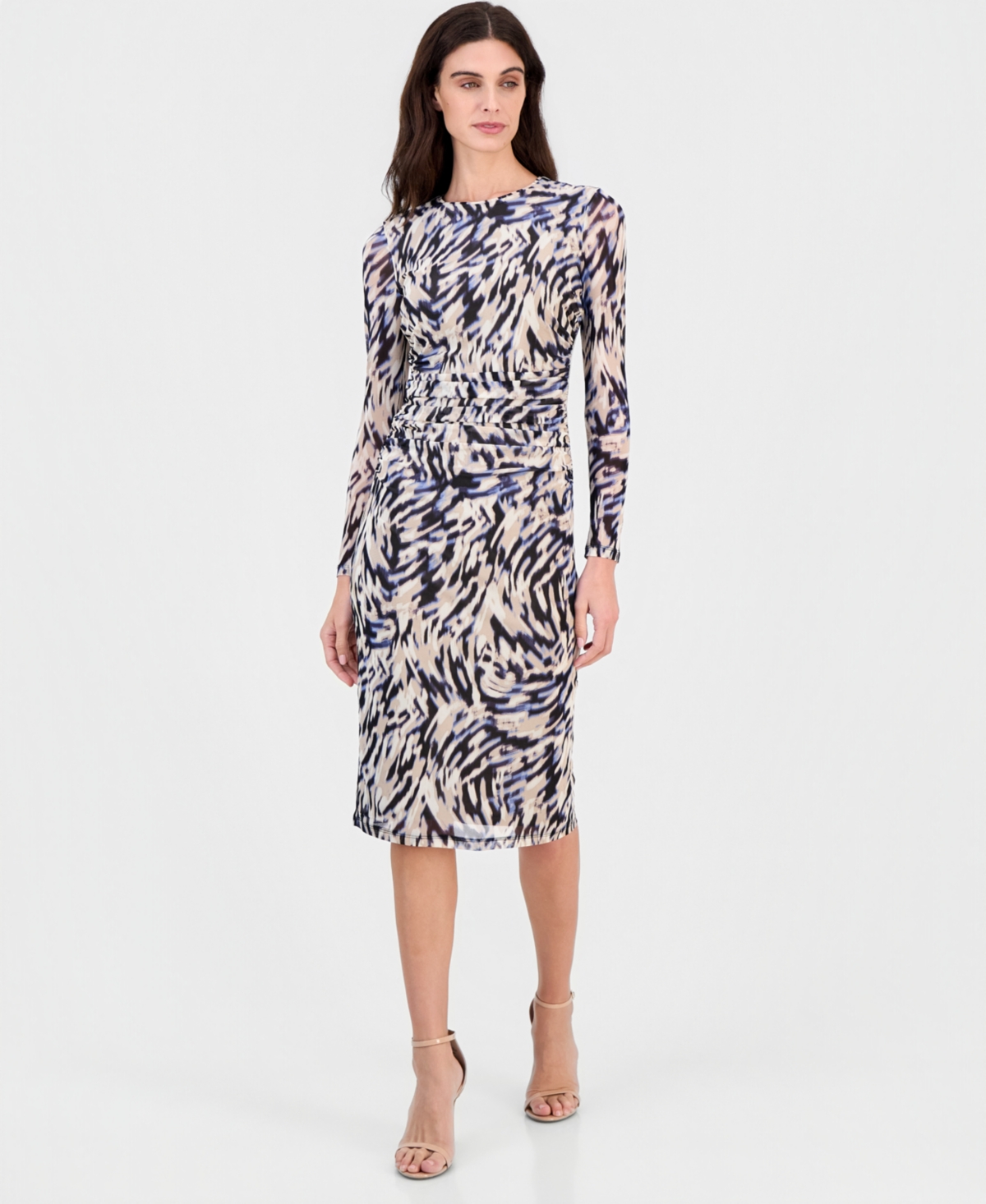 Anne Klein Women’s Printed Shirred-Waist Long-Sleeve Midi Dress – Dutch Blue Multi Anne Klein Women’s Printed Shirred-Waist Long-Sleeve Midi Dress – Dutch Blue Multi