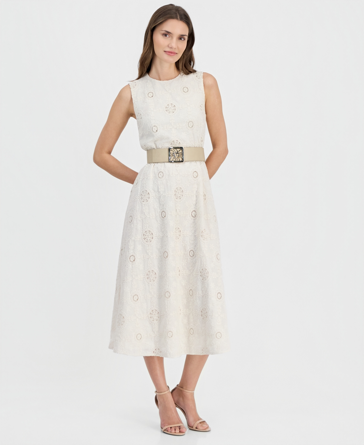 Anne Klein Women’s Round-Neck Embroidered Belted Cotton Dress – WHITE DOVE/IVORY