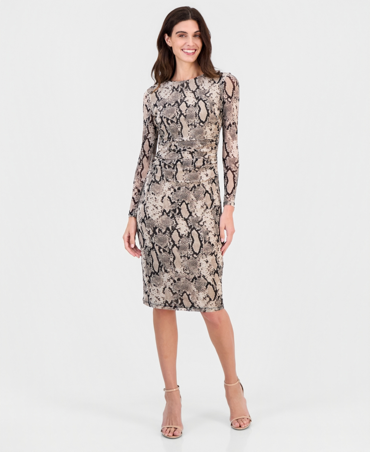 Anne Klein Women’s Snake-Print Shirred-Waist Long-Sleeve Midi Dress – Natural Clay Multi Anne Klein Women’s Snake-Print Shirred-Waist Long-Sleeve Midi Dress – Natural Clay Multi