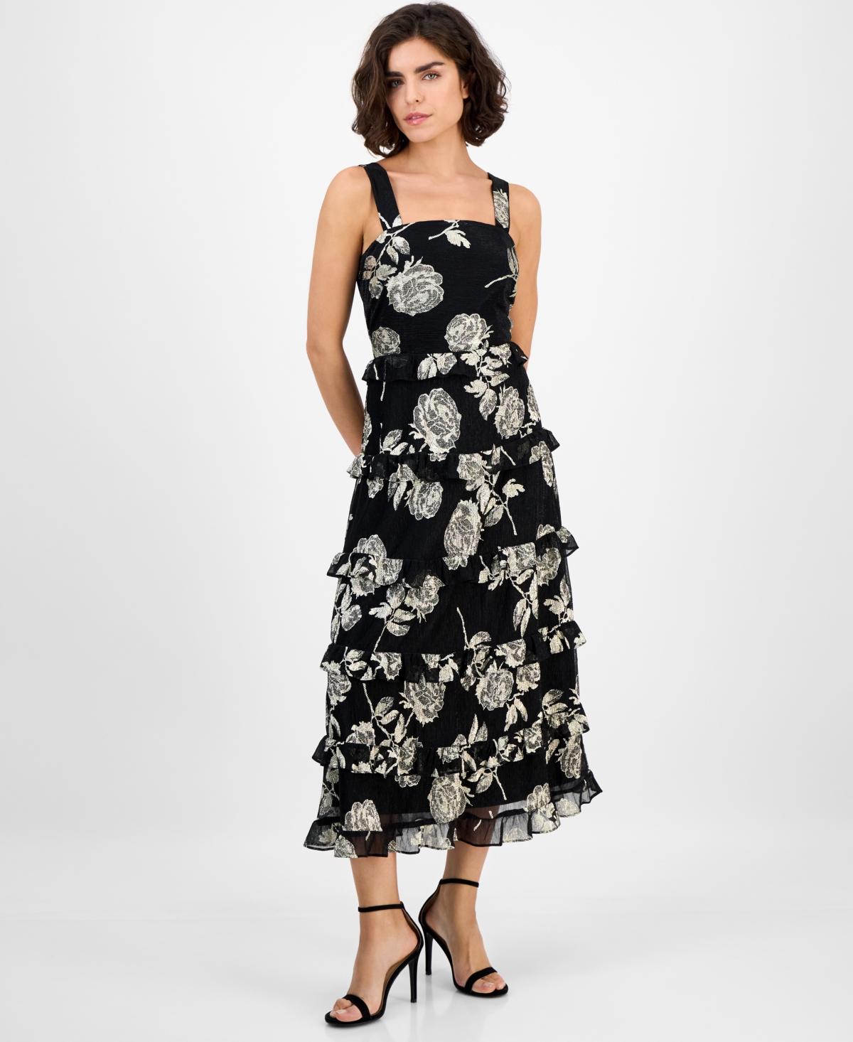 Anne Klein Women’s Square-Neck Tiered Foil Midi Dress – Gold/Anne Black Anne Klein Women’s Square-Neck Tiered Foil Midi Dress – Gold/Anne Black