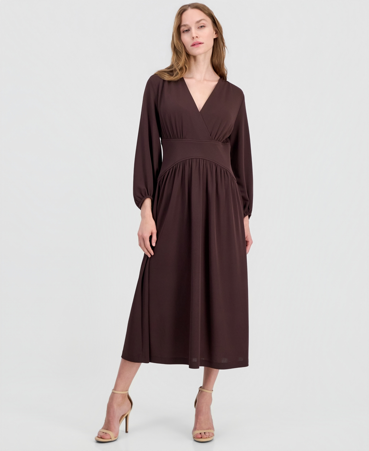 Anne Klein Women’s V-Neck Blouson-Sleeve Midi Dress – MOLASSES