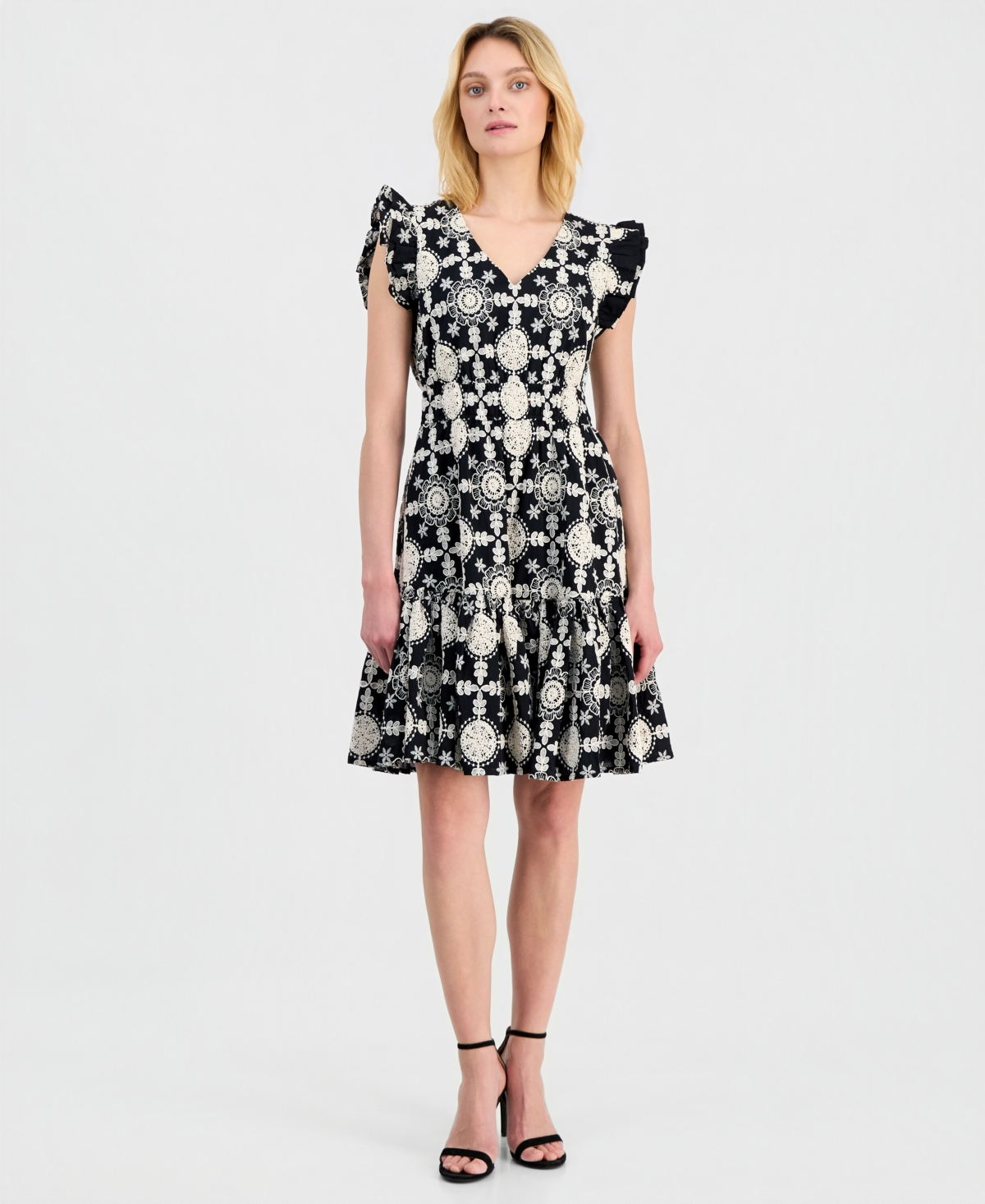 Anne Klein Women’s V-Neck Ruffle-Sleeve Embroidered Cotton Dress – ANNE BLACK/IVORY Anne Klein Women’s V-Neck Ruffle-Sleeve Embroidered Cotton Dress – ANNE BLACK/IVORY