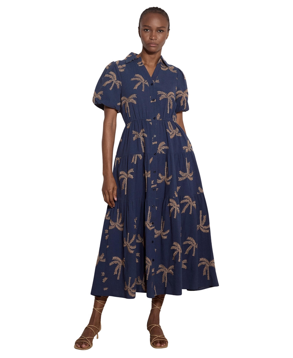 Apricot Women’s Embroidered Puff-Sleeve Tiered Midi Dress – Blue