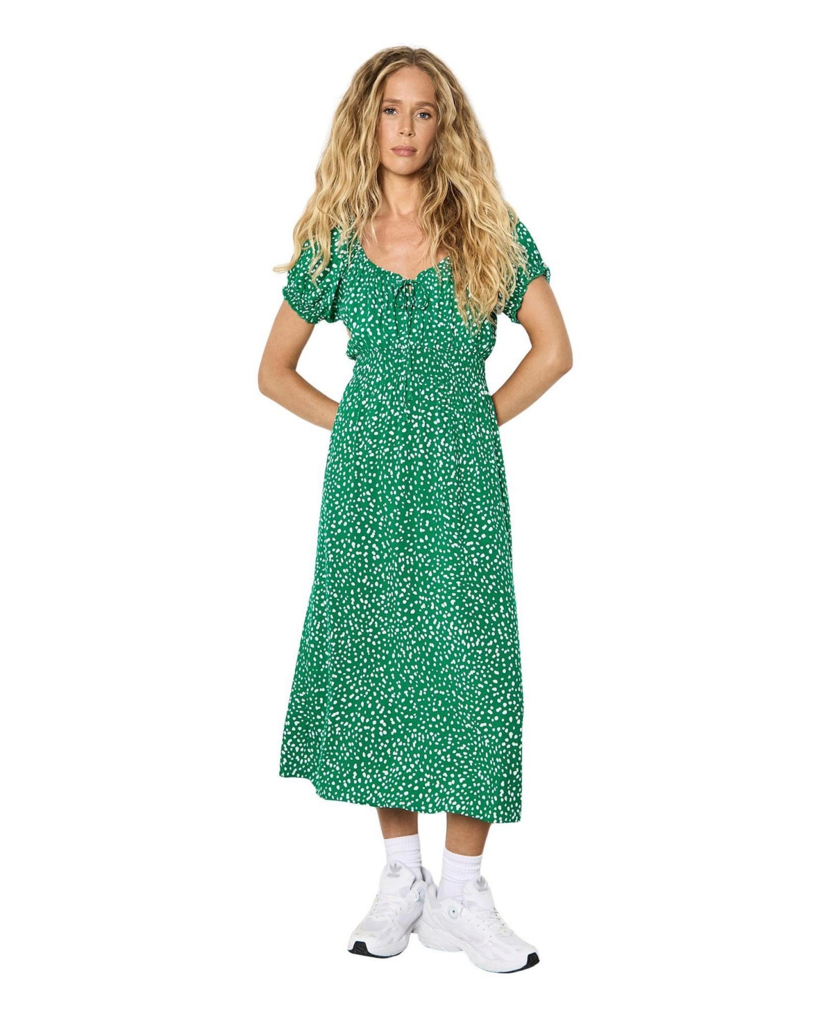 Apricot Women’s Milkmaid Midi Spot Printed Smocked-Waist Puff-Sleeve Dress – Green Apricot Women’s Milkmaid Midi Spot Printed Smocked-Waist Puff-Sleeve Dress – Green