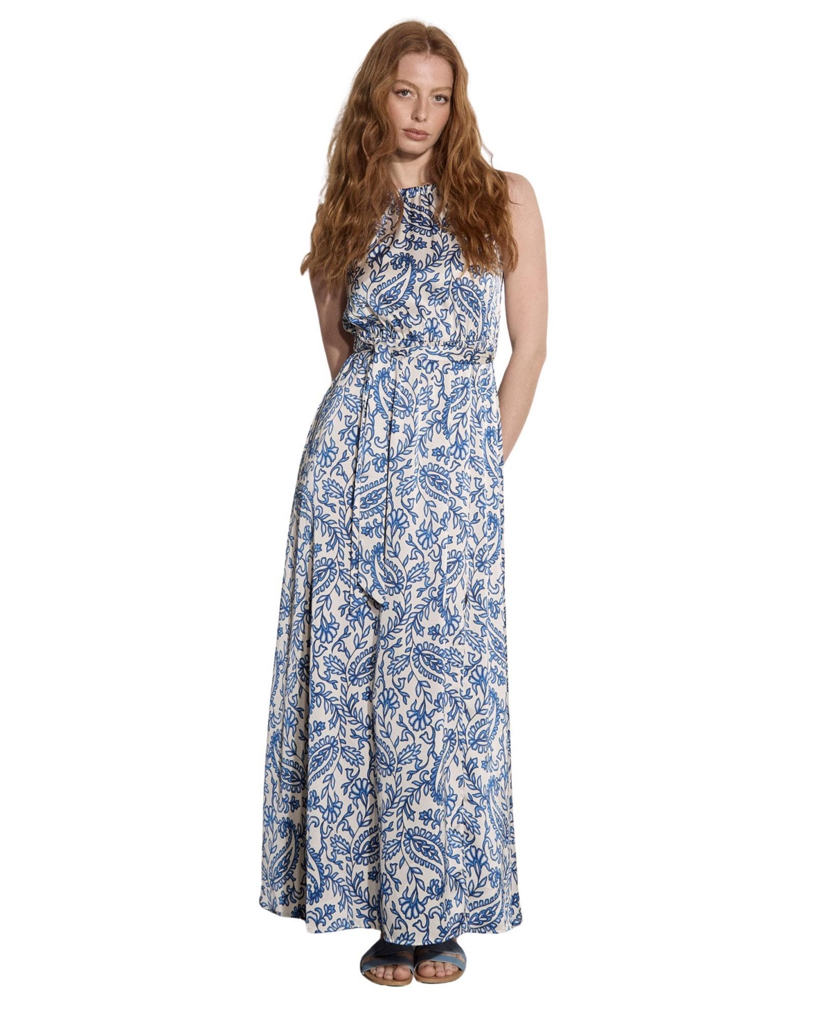 Apricot Women’s Paisley Satin Split Maxi Dress – Blue