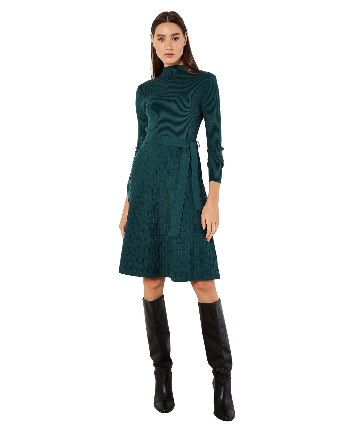 Apricot Women’s Rib and Brick Mock-Neck Long-Sleeve Fitted Dress – Green Apricot Women’s Rib and Brick Mock-Neck Long-Sleeve Fitted Dress – Green