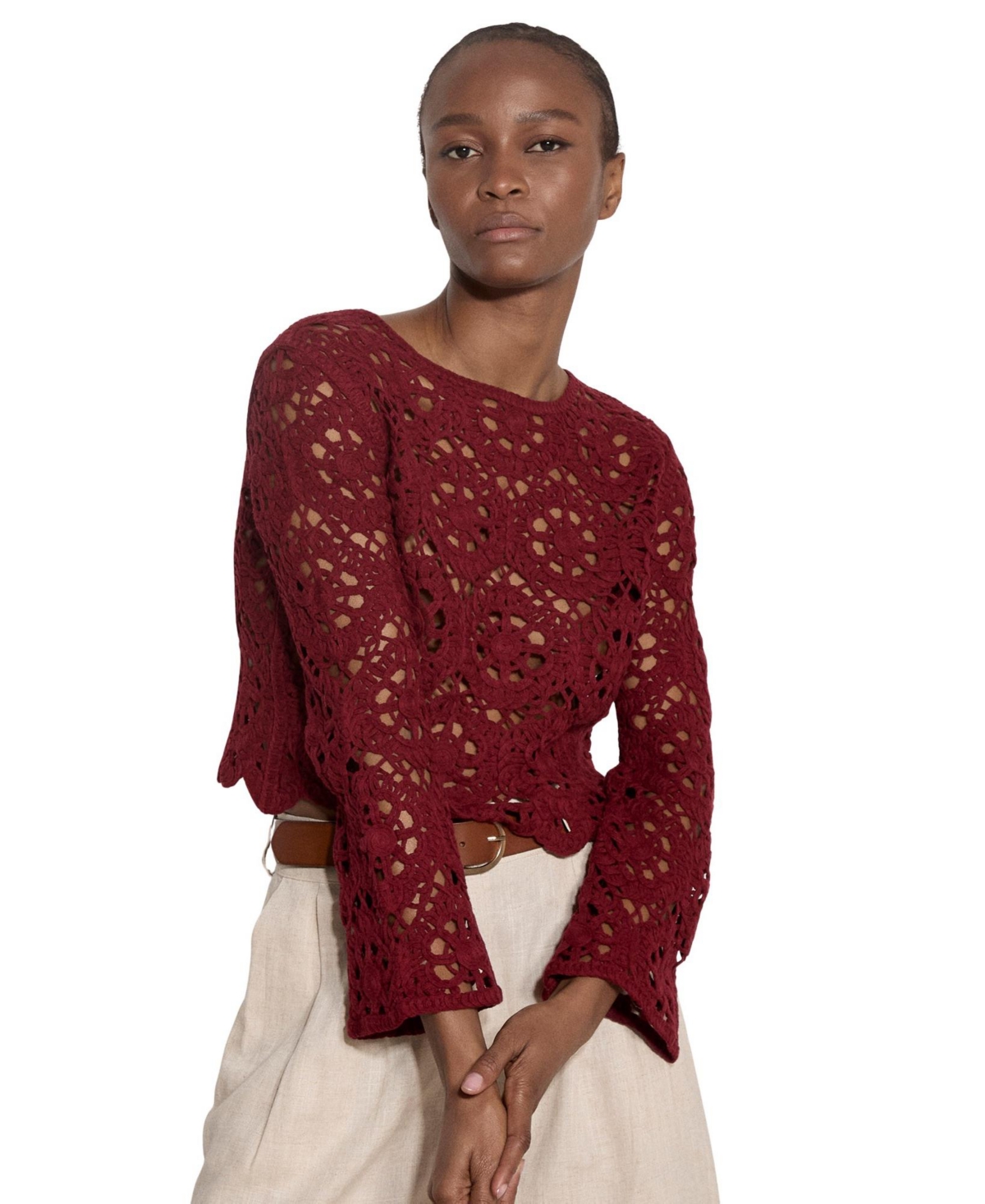 Apricot Women’s Tape Yarn Crochet Top – Burgundy