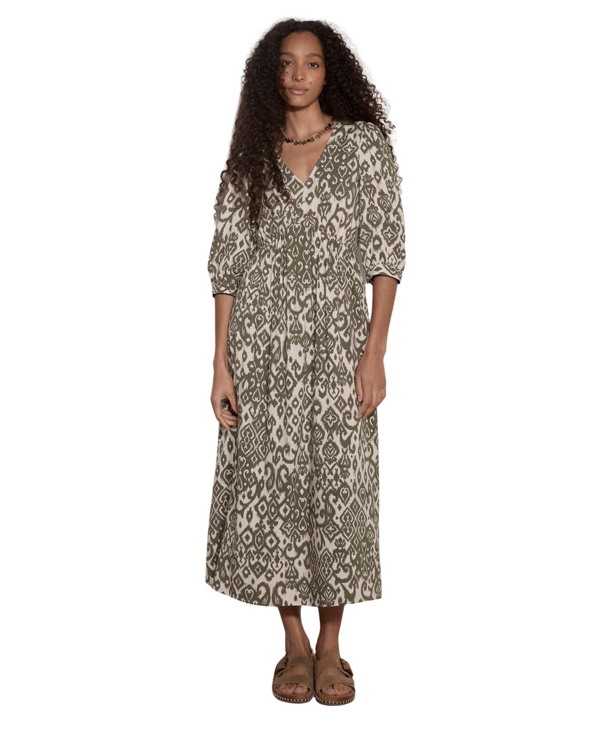 Apricot Women’s Tapestry Ikat Midi V-Neck 3/4 Sleeve Dress – Khaki Apricot Women’s Tapestry Ikat Midi V-Neck 3/4 Sleeve Dress – Khaki