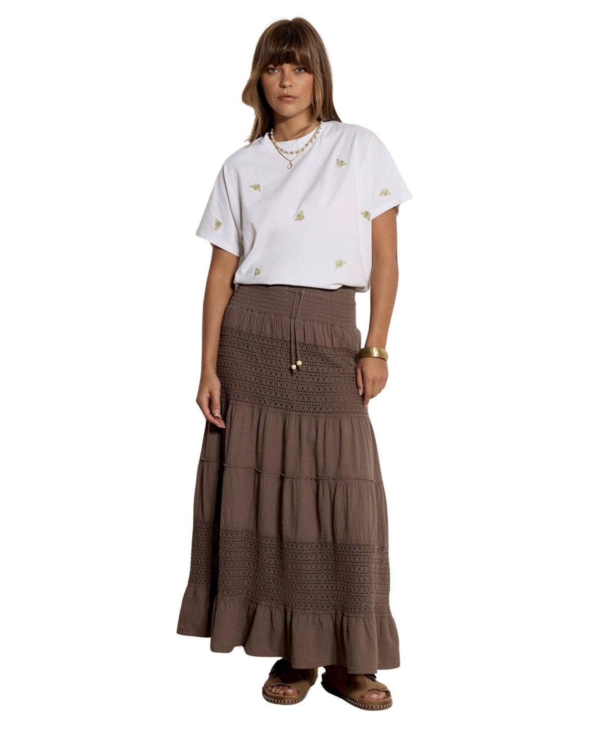 Apricot Women’s Tiered Crochet Maxi Skirt – Stone