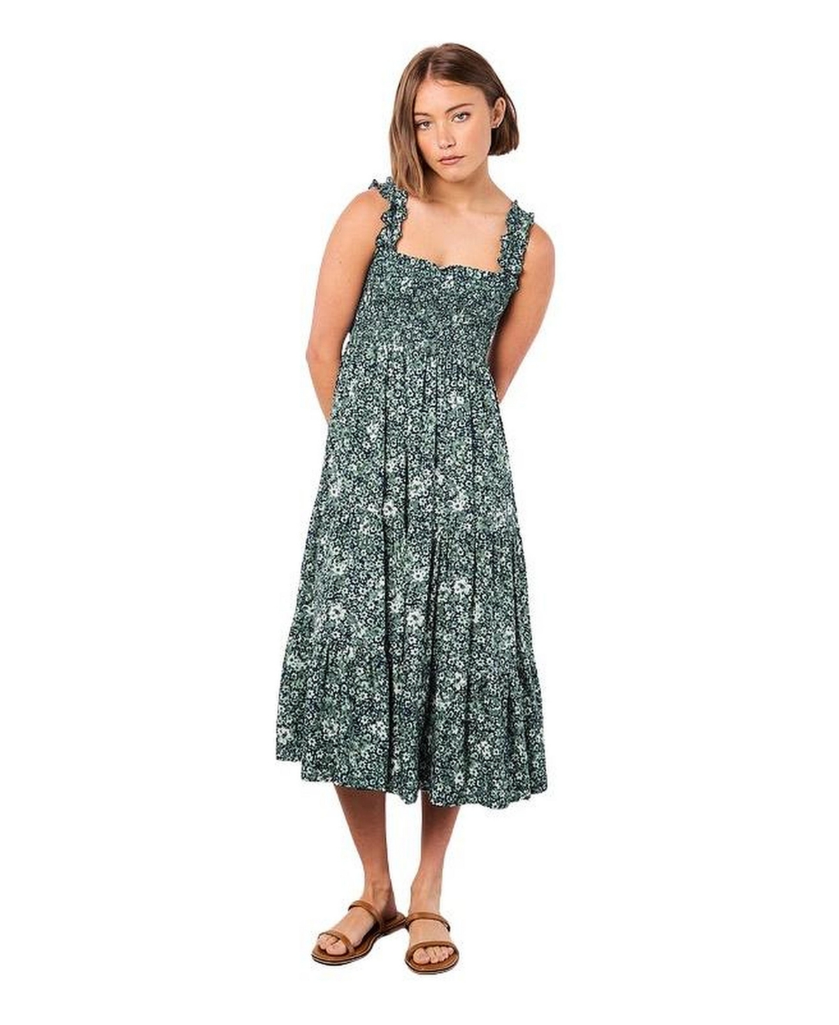 Apricot Women’s Viscose Floral-Print Square Neck Tiered Midi Dress – Navy