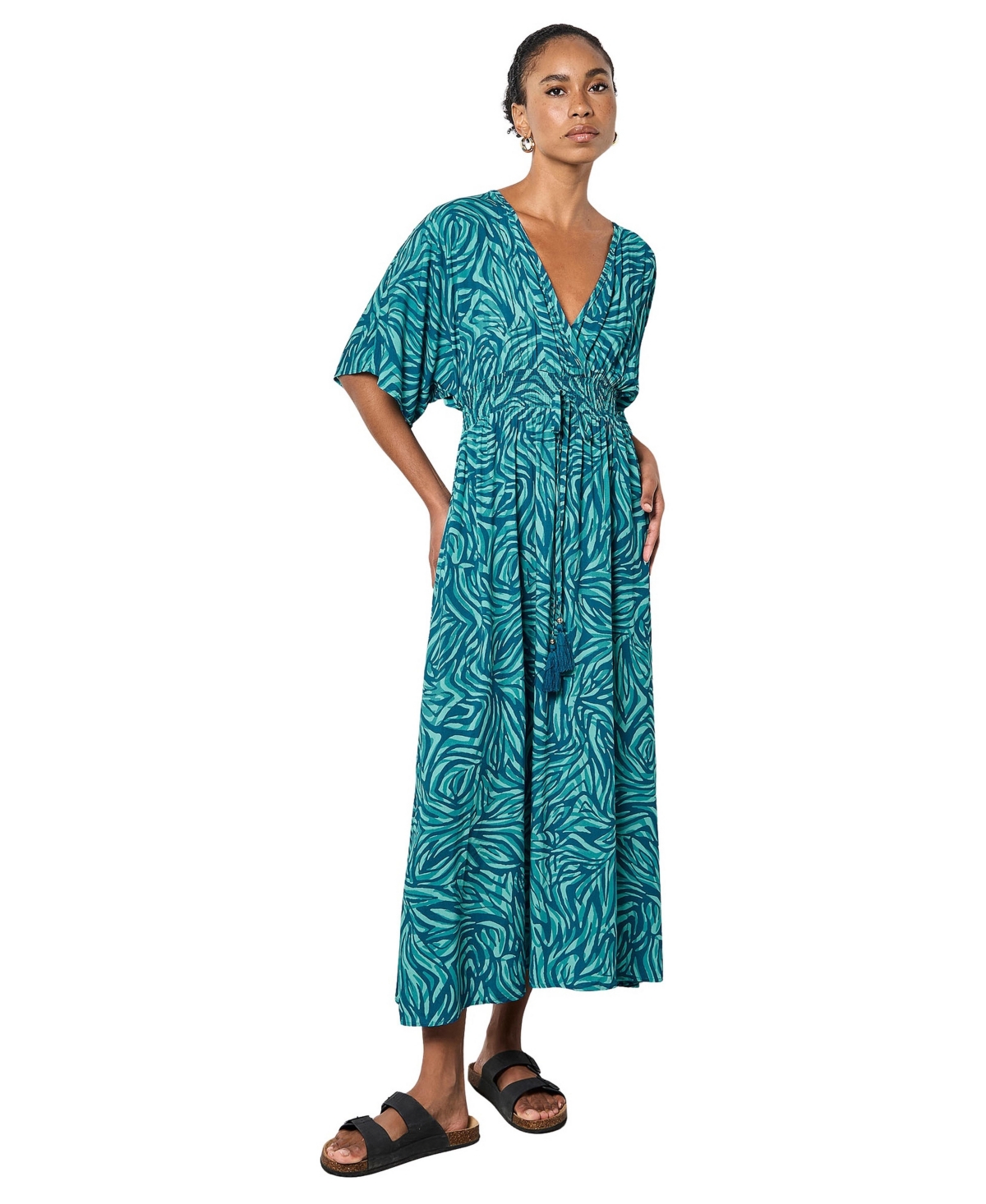 Apricot Women’s Zebra-Print Smocked-Waist V-Neck Maxi Dress – Teal Apricot Women’s Zebra-Print Smocked-Waist V-Neck Maxi Dress – Teal