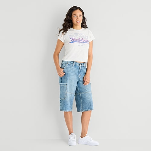 Arizona Womens 15″ Low Rise Juniors Denim Short, 00, Blue