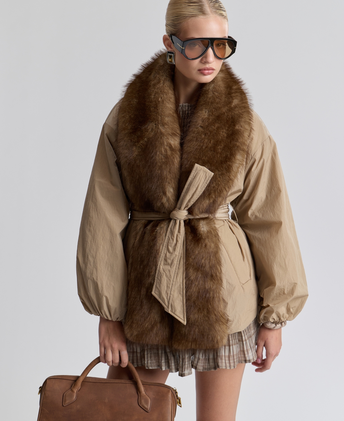 Avec Les Filles Women’s Belted Faux-Fur-Trim Shawl Collar Puffer Jacket – Sand Brown