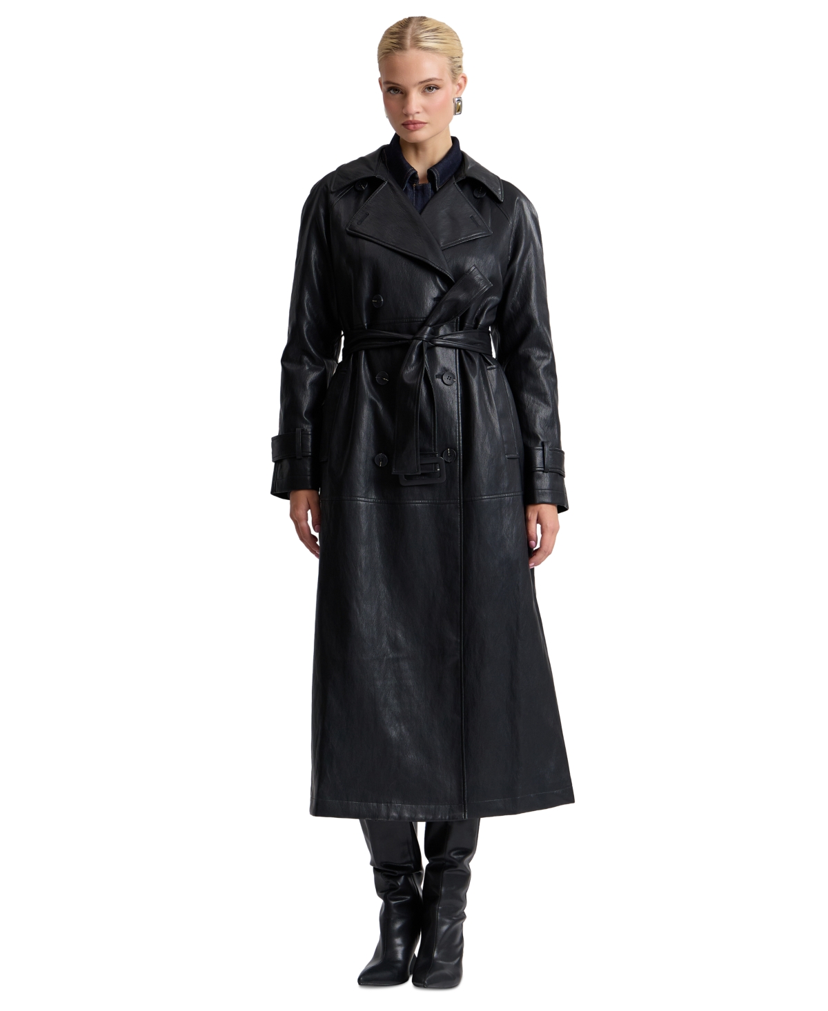 Avec Les Filles Women’s Faux-Leather Belted Raglan-Sleeve Trench Coat – Black Avec Les Filles Women’s Faux-Leather Belted Raglan-Sleeve Trench Coat – Black