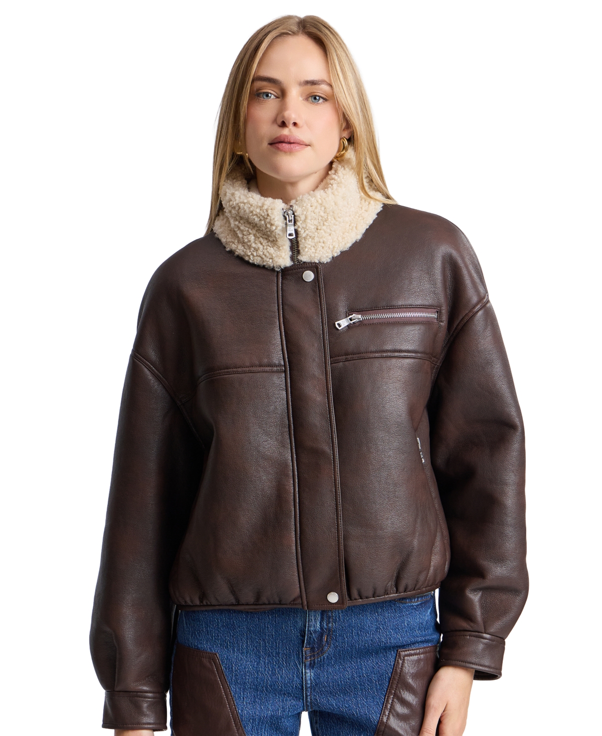 Avec Les Filles Women’s Faux Shearling Oversized-Fit Bomber Jacket – Espresso/Cream Avec Les Filles Women’s Faux Shearling Oversized-Fit Bomber Jacket – Espresso/Cream