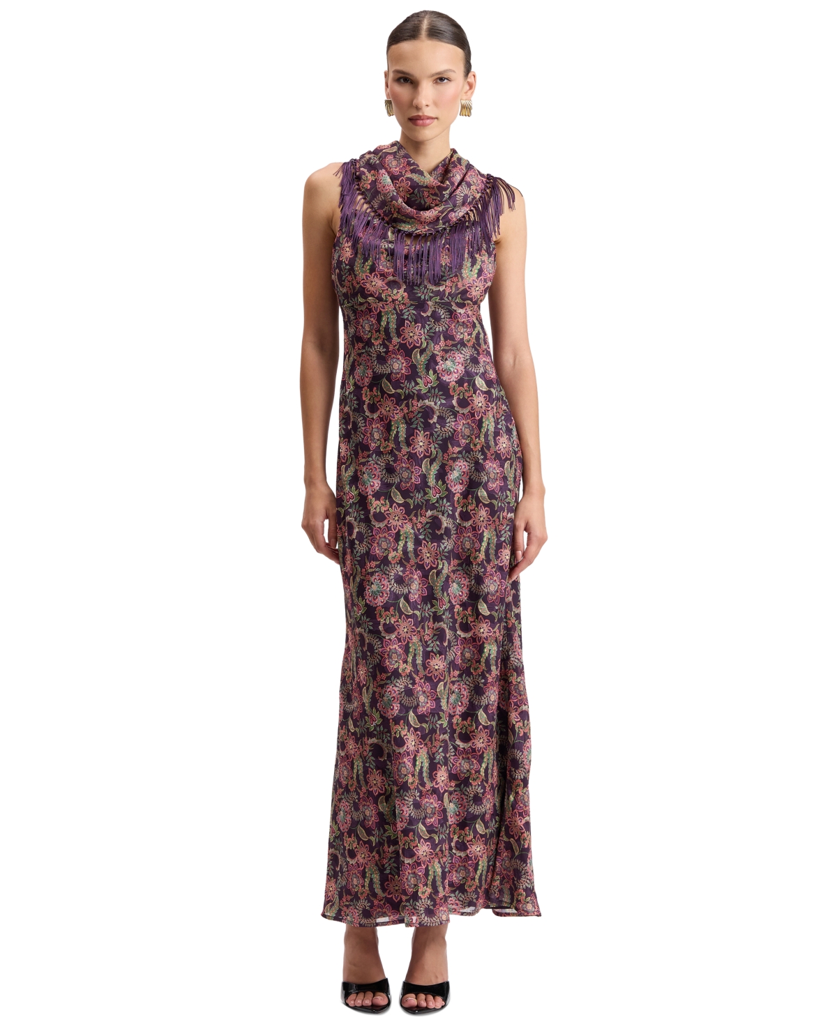 Avec Les Filles Women’s Floral Cowl Neck Fringe Cape Scarf Maxi Dress – Plum Paisley Garden