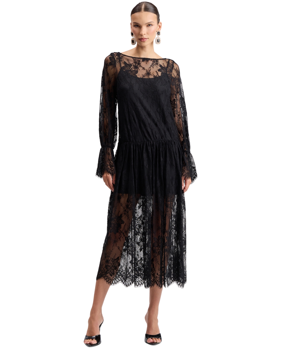 Avec Les Filles Women’s Floral Drop-Waist Lace Midi Dress – Black Avec Les Filles Women’s Floral Drop-Waist Lace Midi Dress – Black