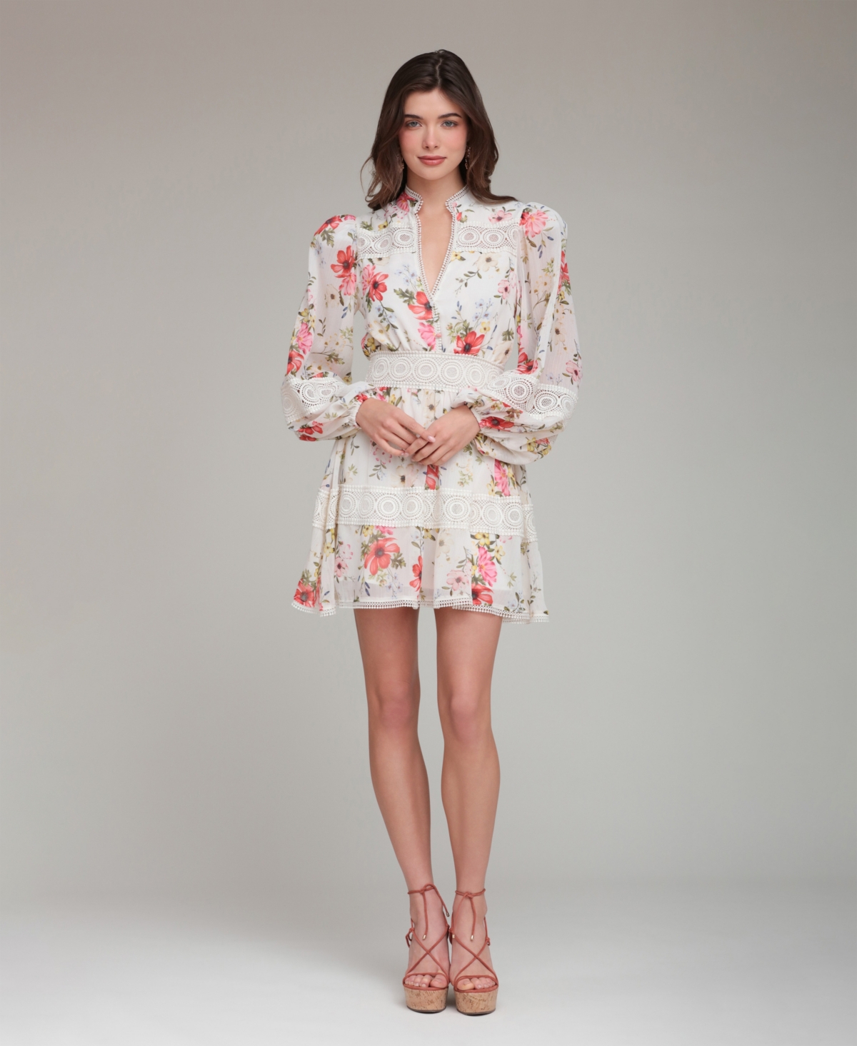 Avec Les Filles Women’s Floral-Print Lace-Trim Chiffon Dress – Cream Flower Press Avec Les Filles Women’s Floral-Print Lace-Trim Chiffon Dress – Cream Flower Press