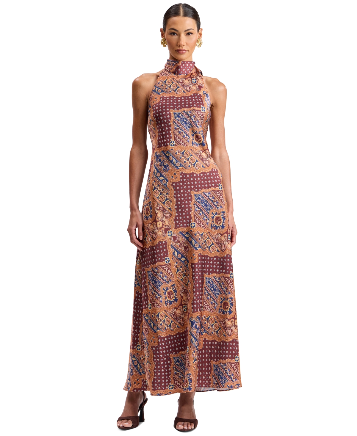 Avec Les Filles Women’s Printed Satin Bias-Cut Halter Maxi Dress – Cognac Medallion Scarf Avec Les Filles Women’s Printed Satin Bias-Cut Halter Maxi Dress – Cognac Medallion Scarf