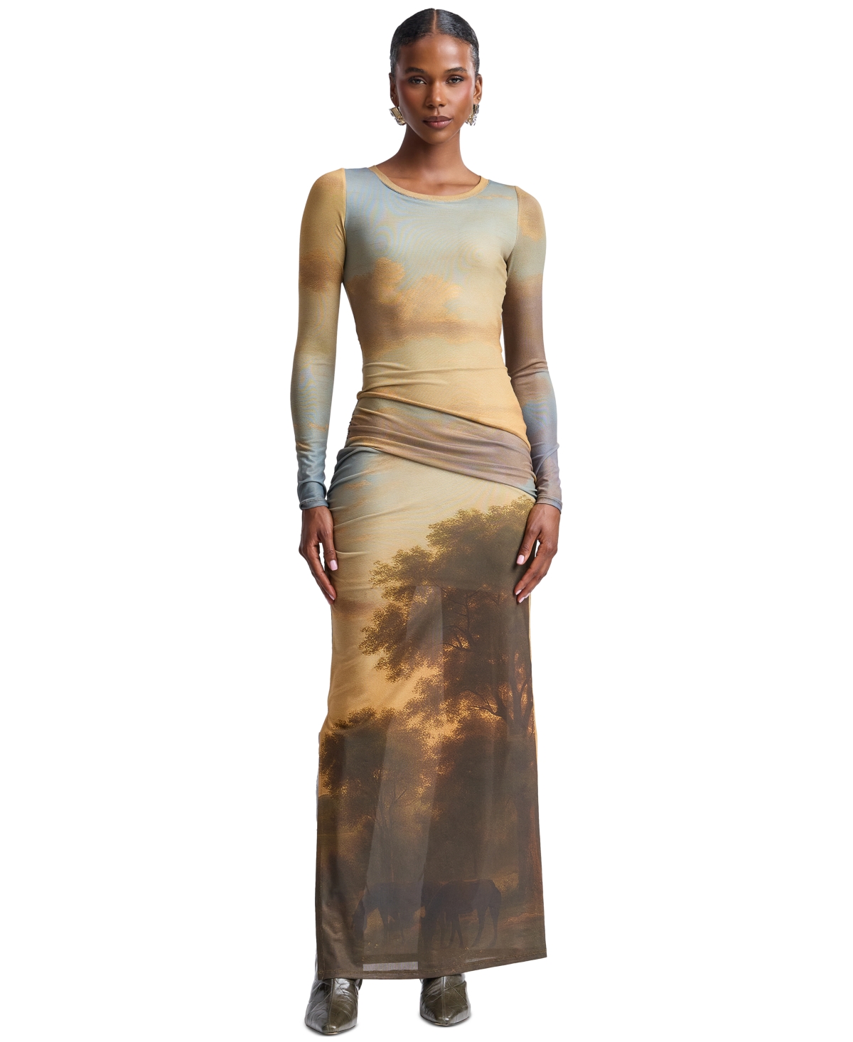 Avec Les Filles Women’s Scoop Neck Long-Sleeve Shirred Waist Maxi Dress – Landscape Mural Avec Les Filles Women’s Scoop Neck Long-Sleeve Shirred Waist Maxi Dress – Landscape Mural
