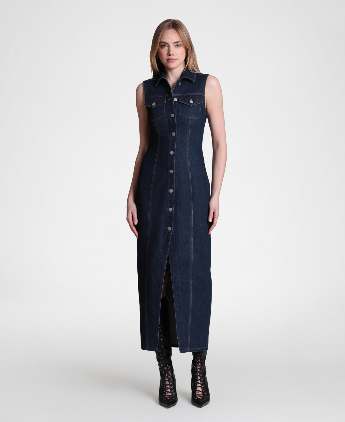Avec Les Filles Women’s Sleeveless Collared Mixed Media Maxi Dress – Satin Wash Avec Les Filles Women’s Sleeveless Collared Mixed Media Maxi Dress – Satin Wash
