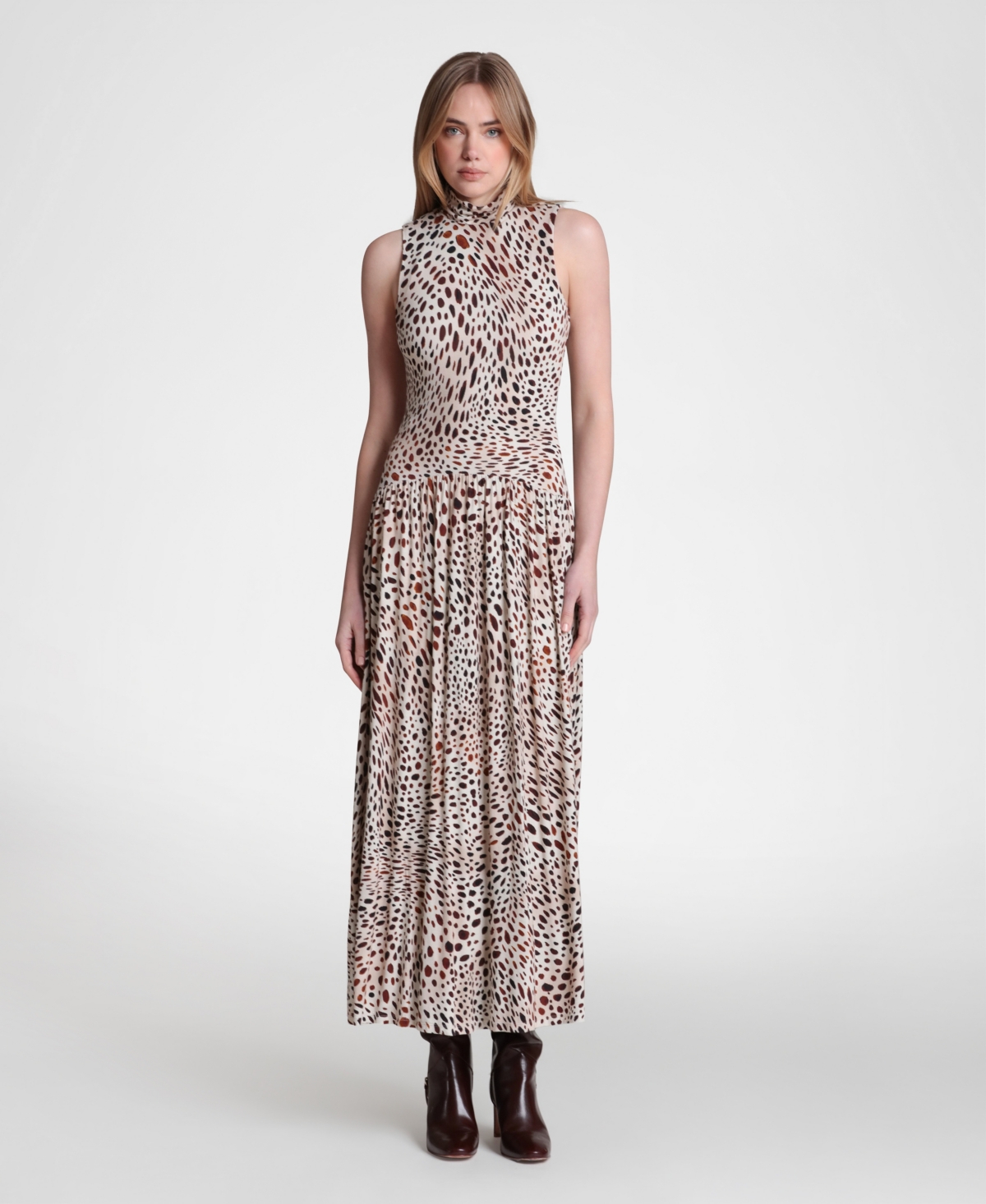 Avec Les Filles Women’s Sleeveless Mock Neck Maxi Dress – Spotted Animal Avec Les Filles Women’s Sleeveless Mock Neck Maxi Dress – Spotted Animal