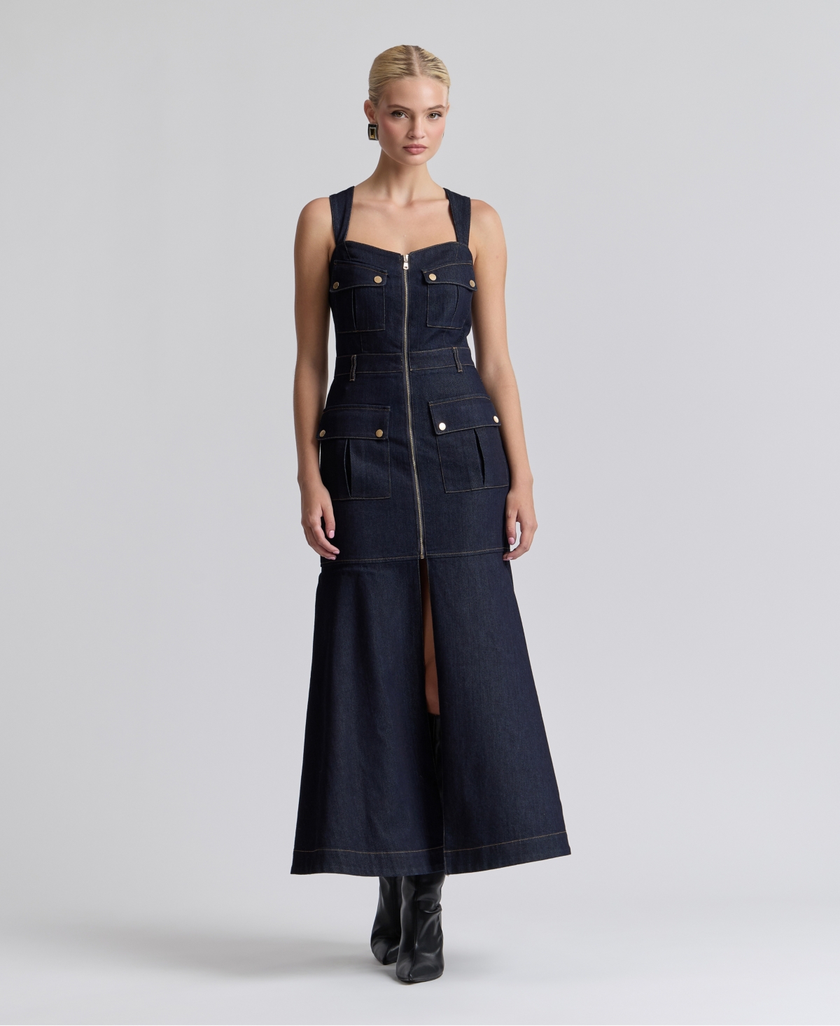Avec Les Filles Women’s Stretch Denim Cargo Zip-Front Midi Dress – Dark Rinse