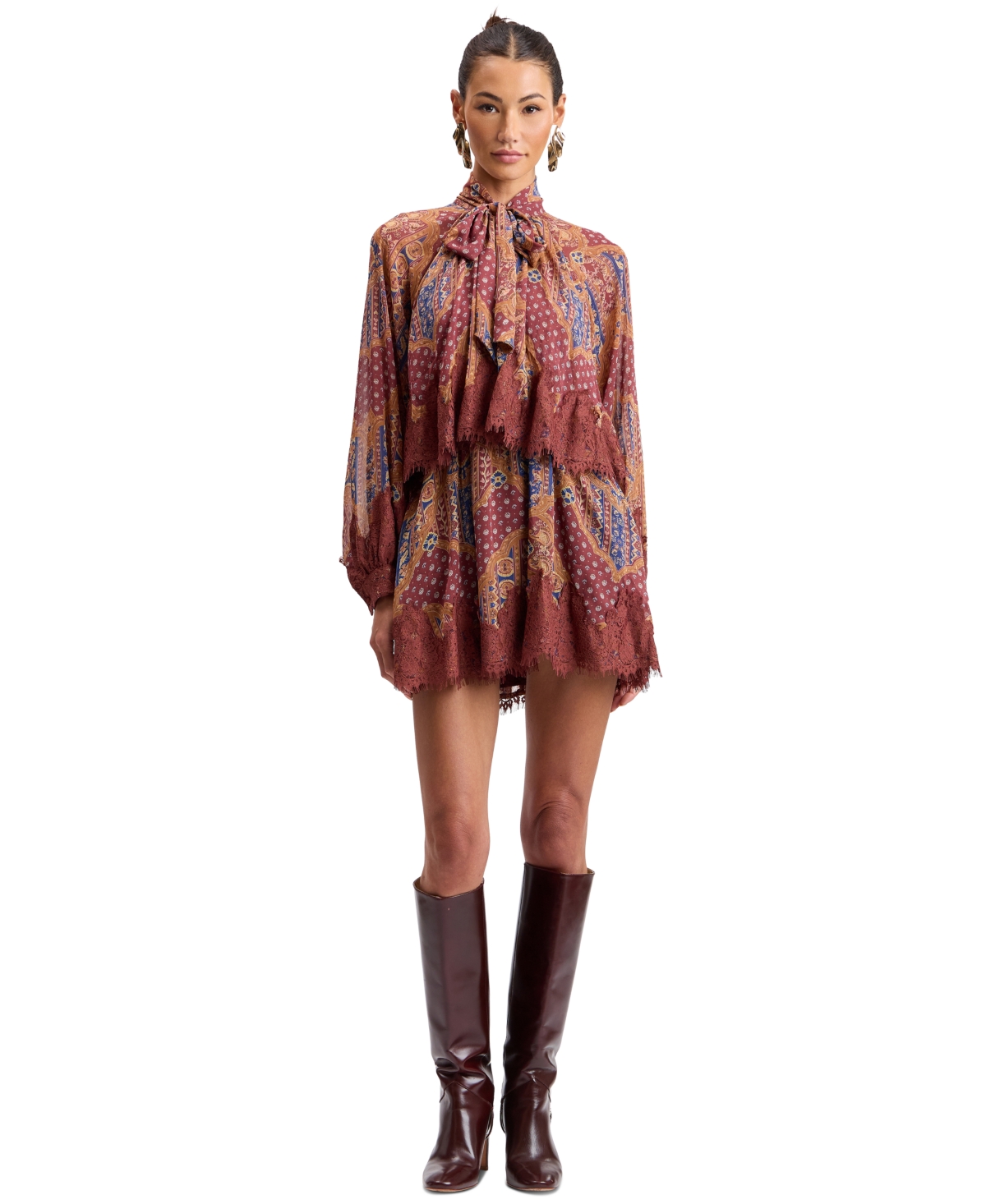 Avec Les Filles Women’s Tie-Neck Long-Sleeve Tiered Mini Dress – Cognac Medallion Scarf
