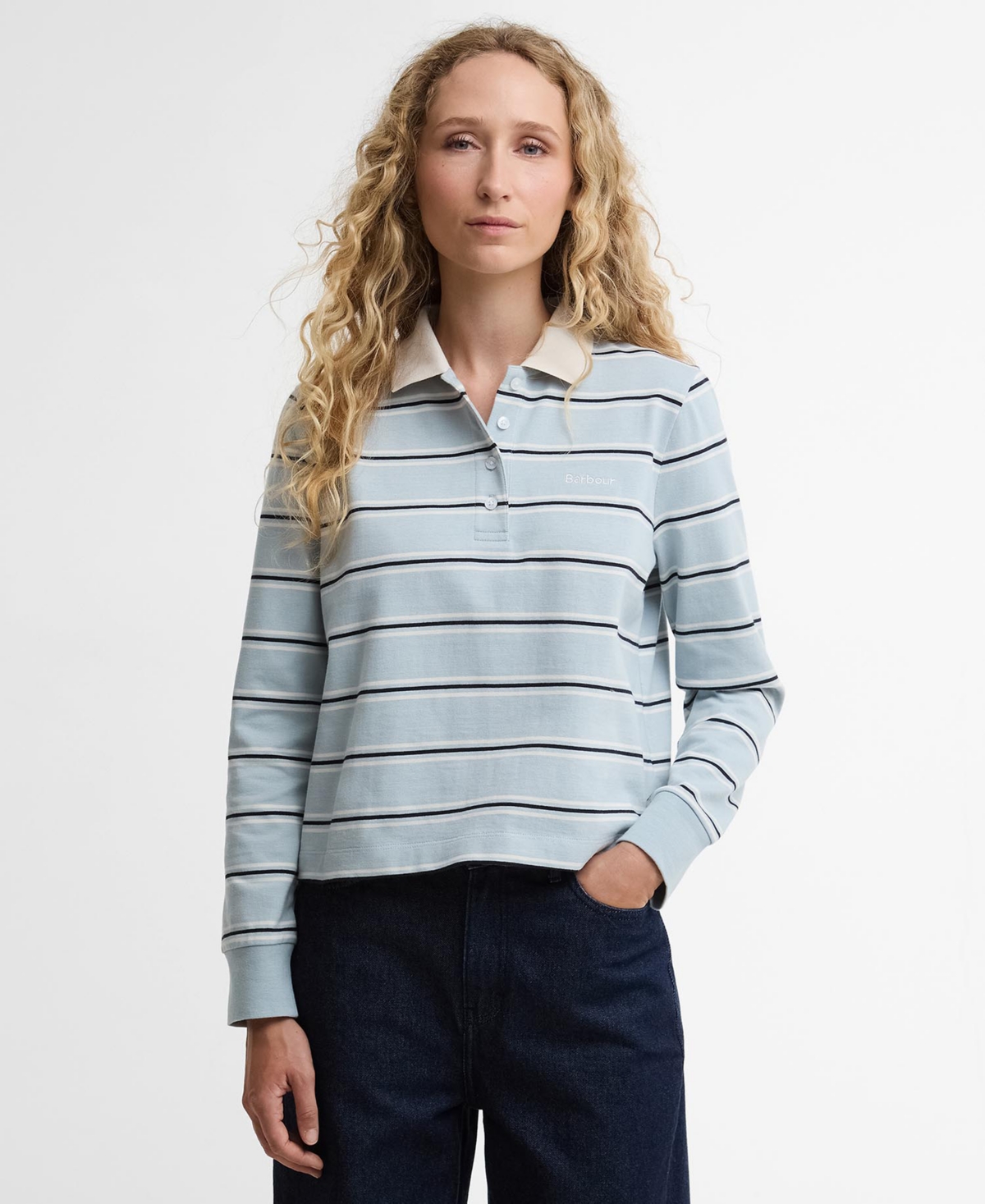 Barbour Women’s Ashwell Long-Sleeve Polo Top – Celestial Blue Stripe