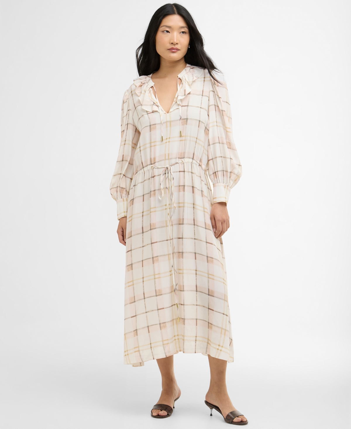Barbour Women’s Asker Oversized-Sleeve Midi Dress – Silver Peony Painted Check