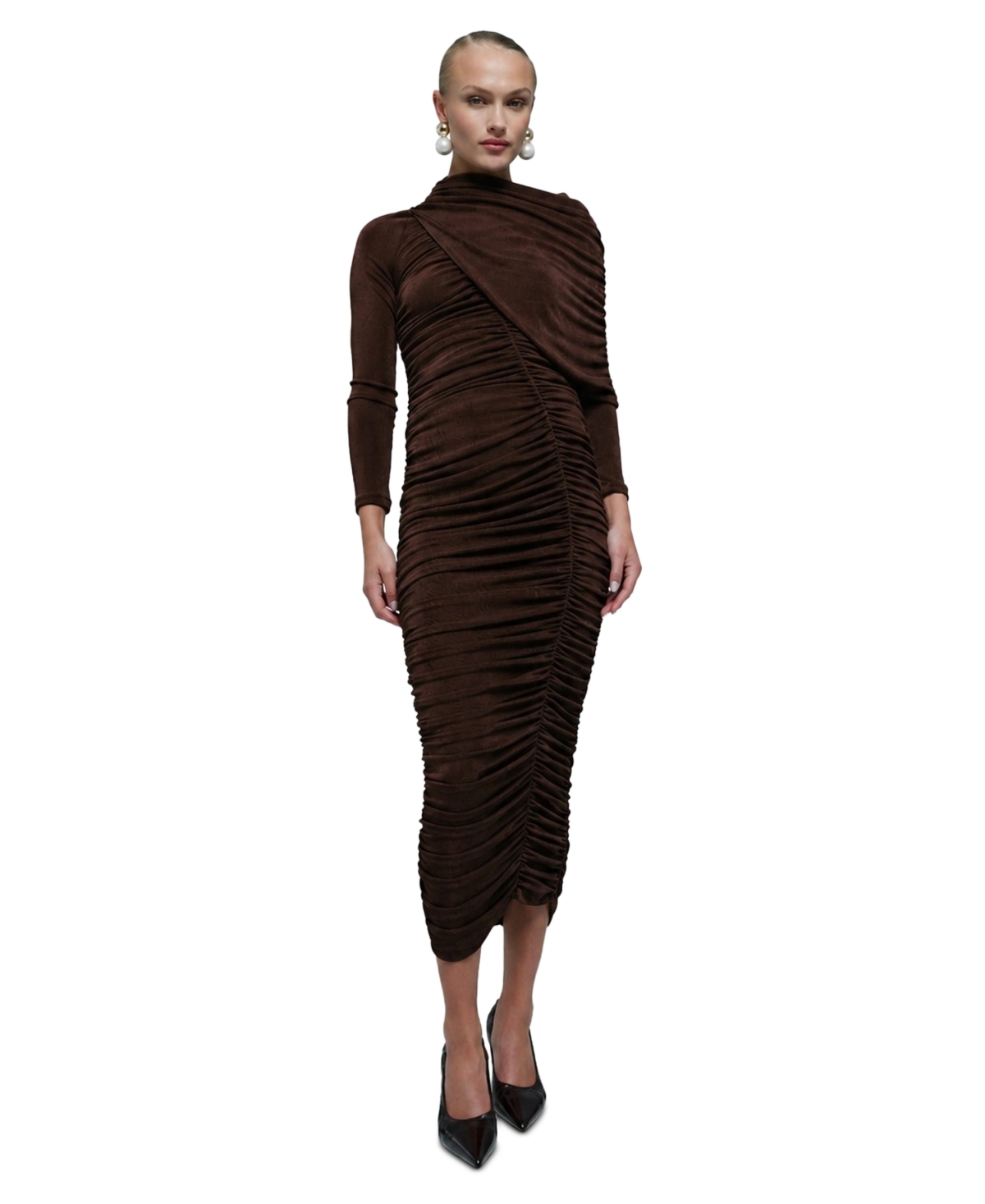 Bardot Women’s Shawl Collar Gathered Midi Dress – Chocolate