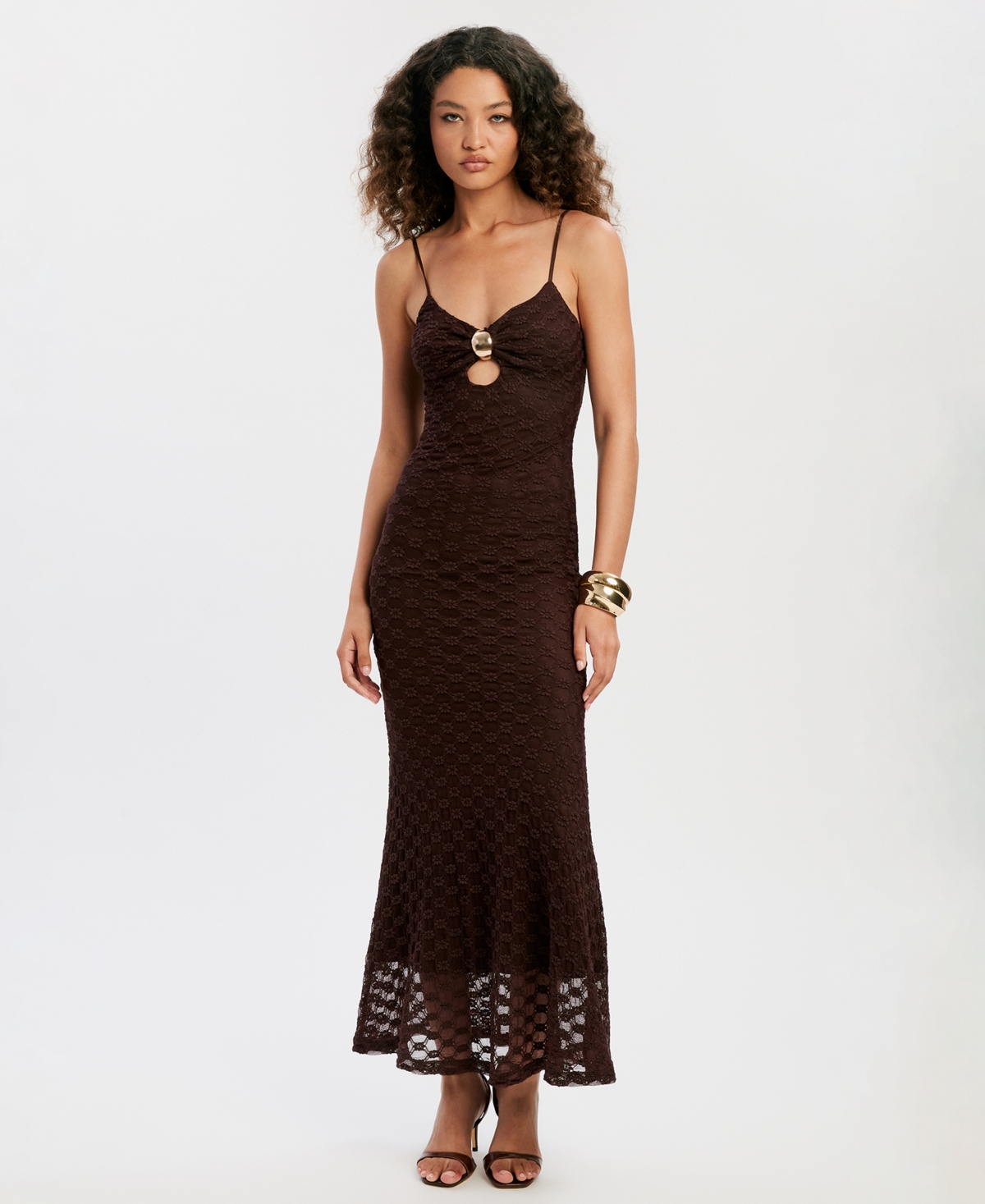 Bardot Women’s V-Neckline Gold Clasp Midi Dress – Dark Chocolate Bardot Women’s V-Neckline Gold Clasp Midi Dress – Dark Chocolate