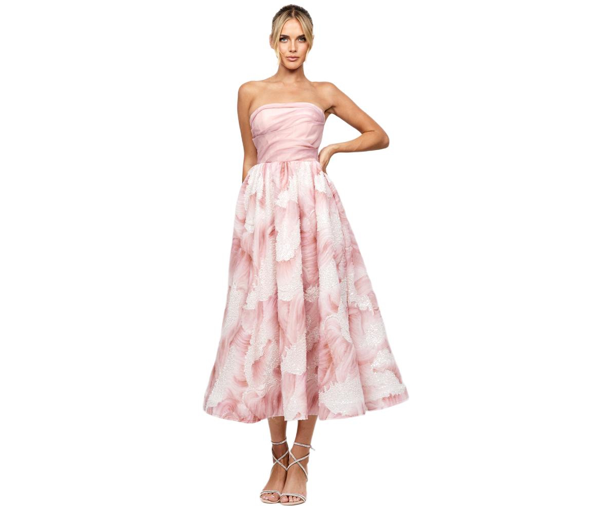 Bariano Women’s Strapless, Midi, Elegant Dress – Blush