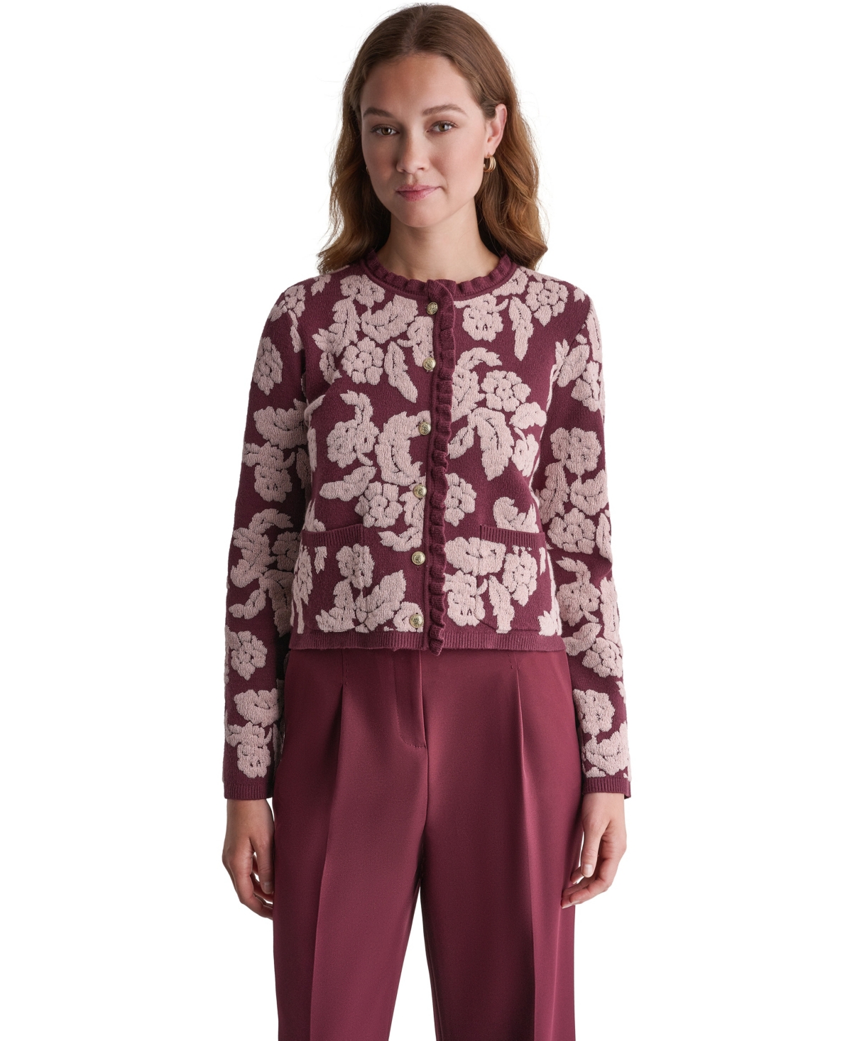 Bcbg Women’s Floral Crew-Neck Cardigan – Shadow Merlot/Blushtone
