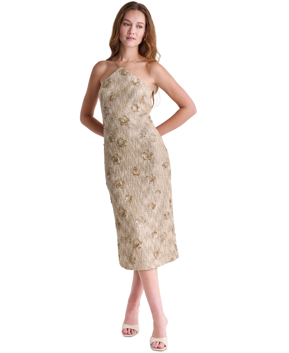 Bcbg Women’s Halter Sequin Floral-Applique Midi Dress – French Sand