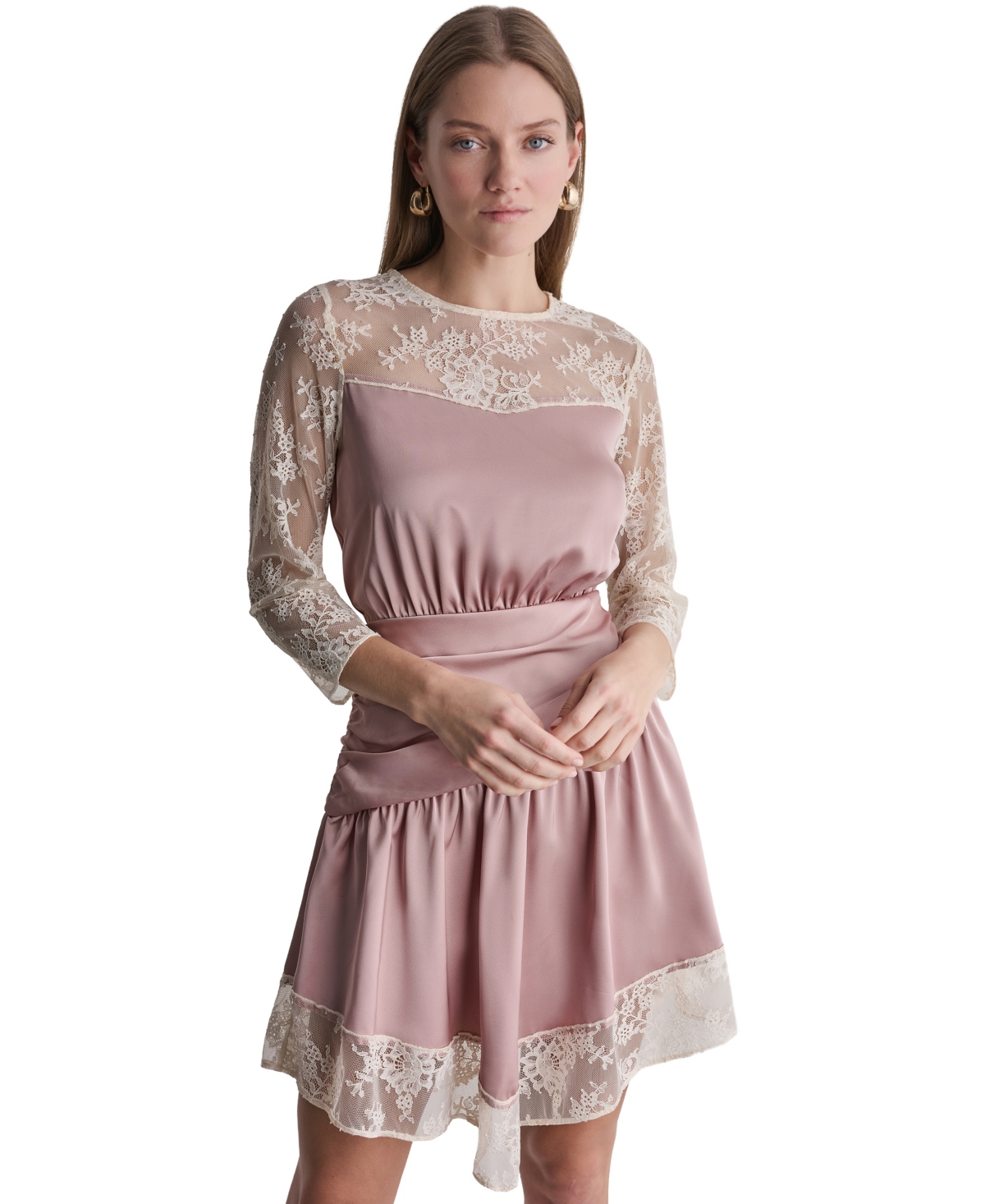 Bcbg Women’s Long-Sleeve Mini Lace Trim Fit & Flare Dress – Blushstone Bcbg Women’s Long-Sleeve Mini Lace Trim Fit & Flare Dress – Blushstone