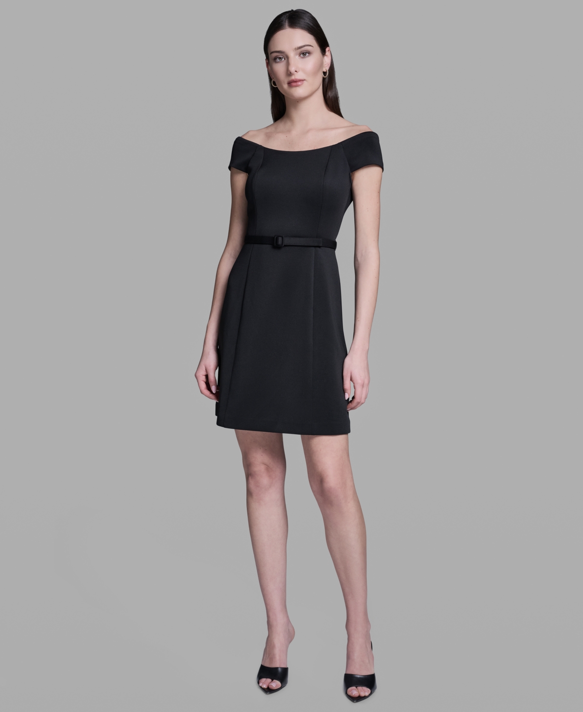 Bcbg Women’s Off-The-Shoulder Scuba Belted Mini Fit & Flare – Black