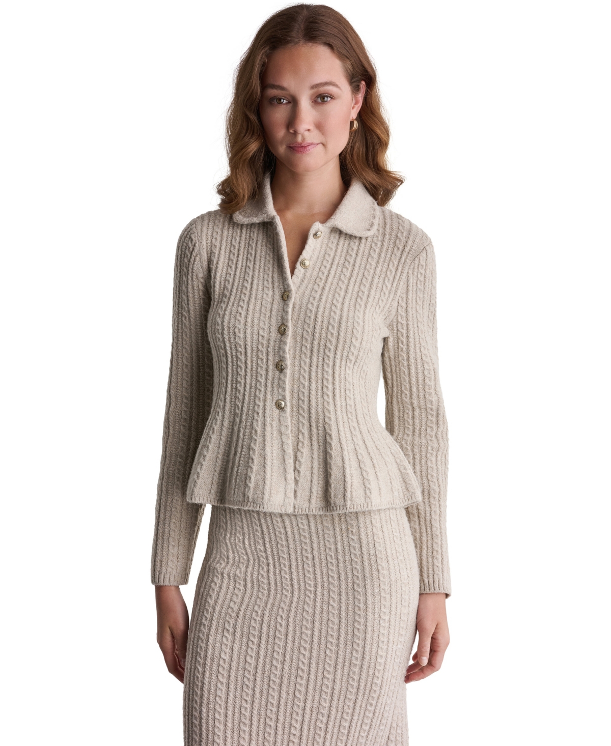 Bcbg Women’s Peplum Cable-Knit Cardigan – Heather Oatmeal Bcbg Women’s Peplum Cable-Knit Cardigan – Heather Oatmeal