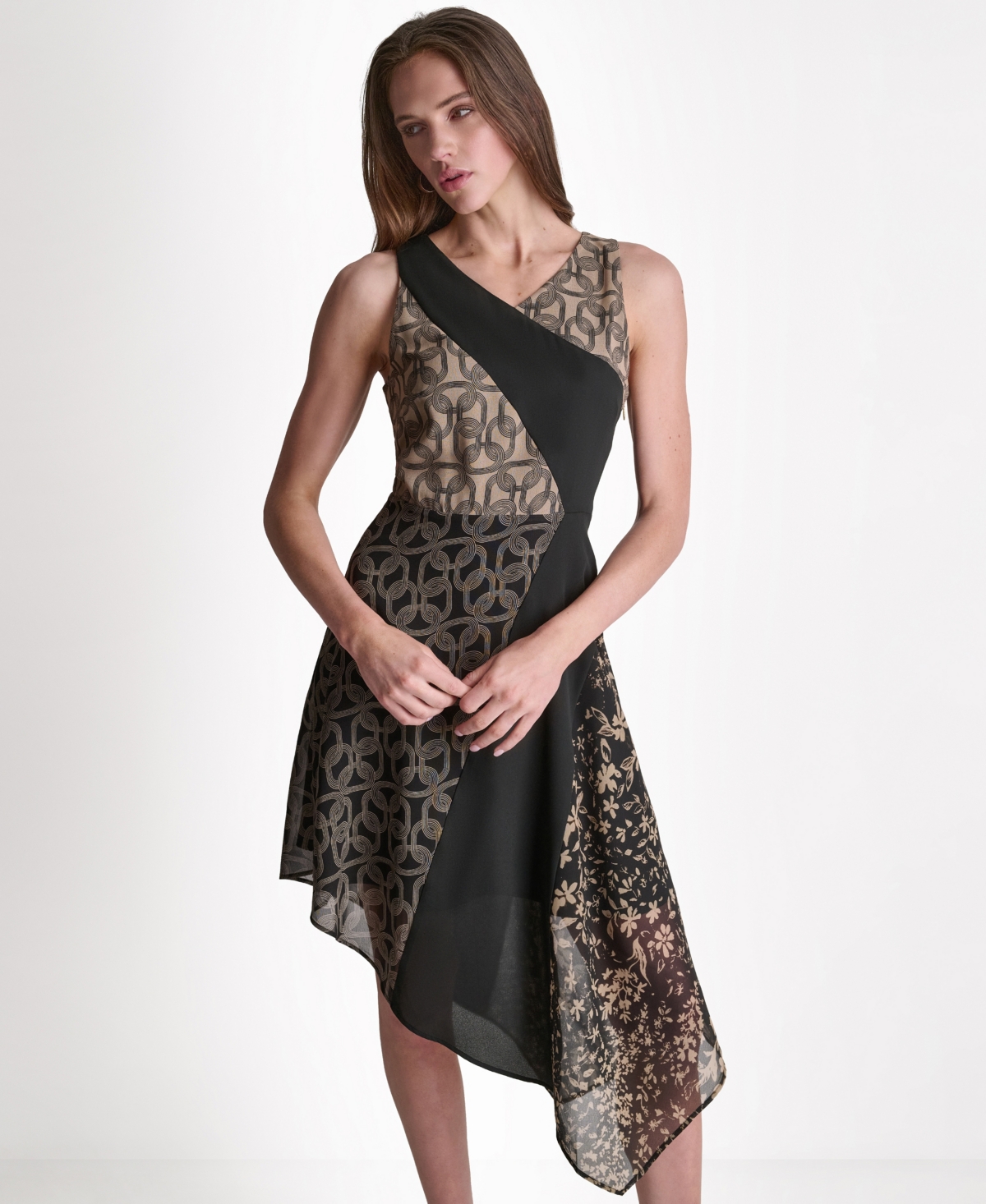 Bcbg Women’s Printed Faux Wrap Sleeveless Dress – French Sand/black Combo Bcbg Women’s Printed Faux Wrap Sleeveless Dress – French Sand/black Combo
