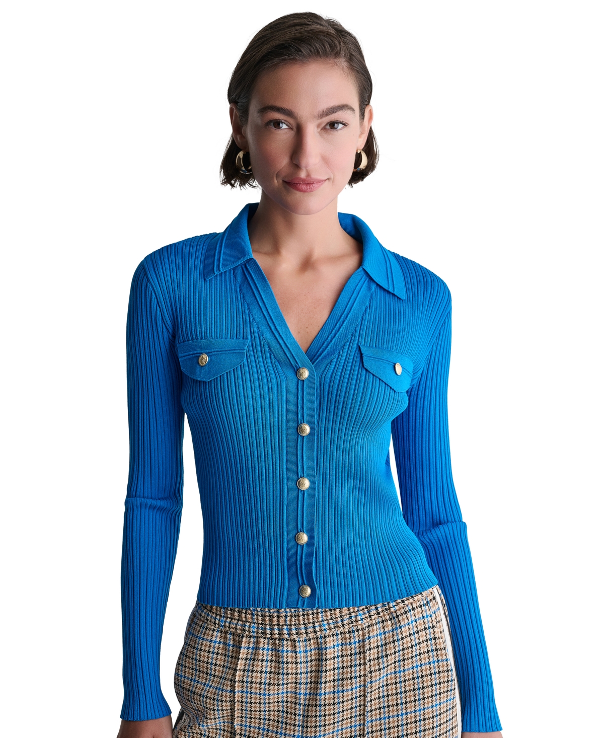 Bcbg Women’s Ribbed Knit Collared V-Neck Cardigan – Electric Seine Bcbg Women’s Ribbed Knit Collared V-Neck Cardigan – Electric Seine