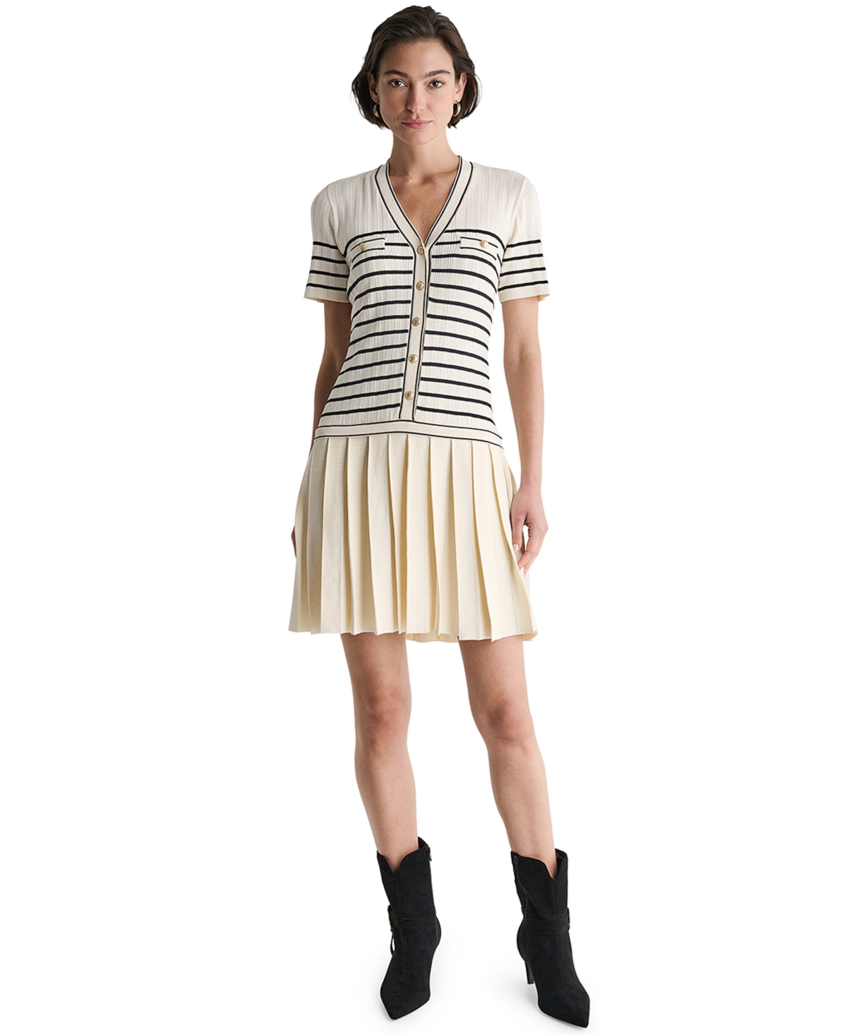 Bcbg Women’s V-Neck Striped Drop-Waist Mini Dress – Buttercream/Black Bcbg Women’s V-Neck Striped Drop-Waist Mini Dress – Buttercream/Black