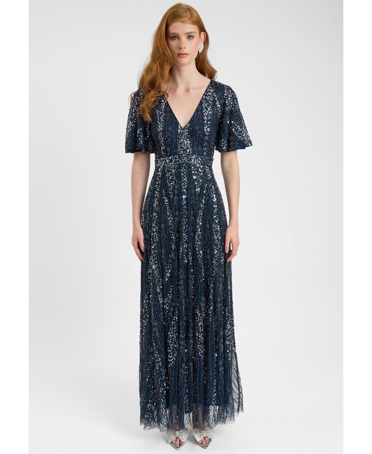 Beauut Women’s Embellished Sequin Beaded Maxi Dress With Flutter Sleeve – Navy Beauut Women’s Embellished Sequin Beaded Maxi Dress With Flutter Sleeve – Navy