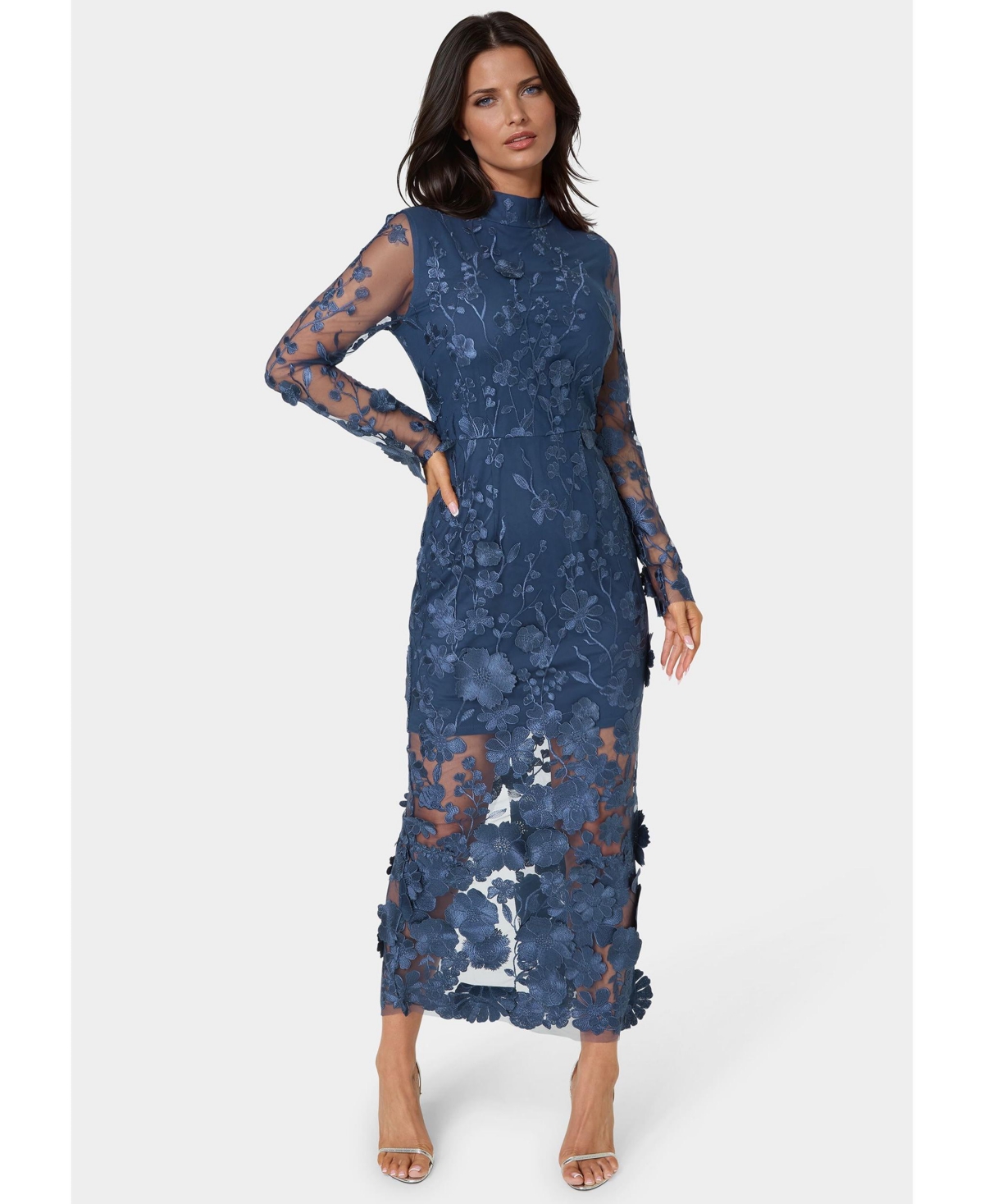 Bebe Women’s 3D Floral Mock Neck Midi Dress – Navy Bebe Women’s 3D Floral Mock Neck Midi Dress – Navy