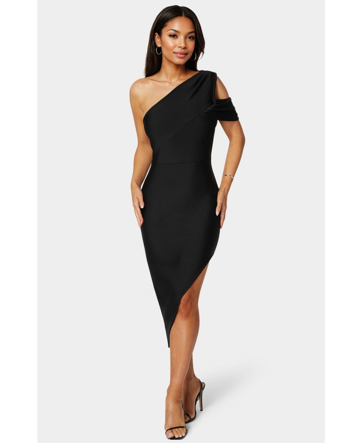 Bebe Women’s Asymmetrical High Slit Bandage Midi Dress – Black Bebe Women’s Asymmetrical High Slit Bandage Midi Dress – Black