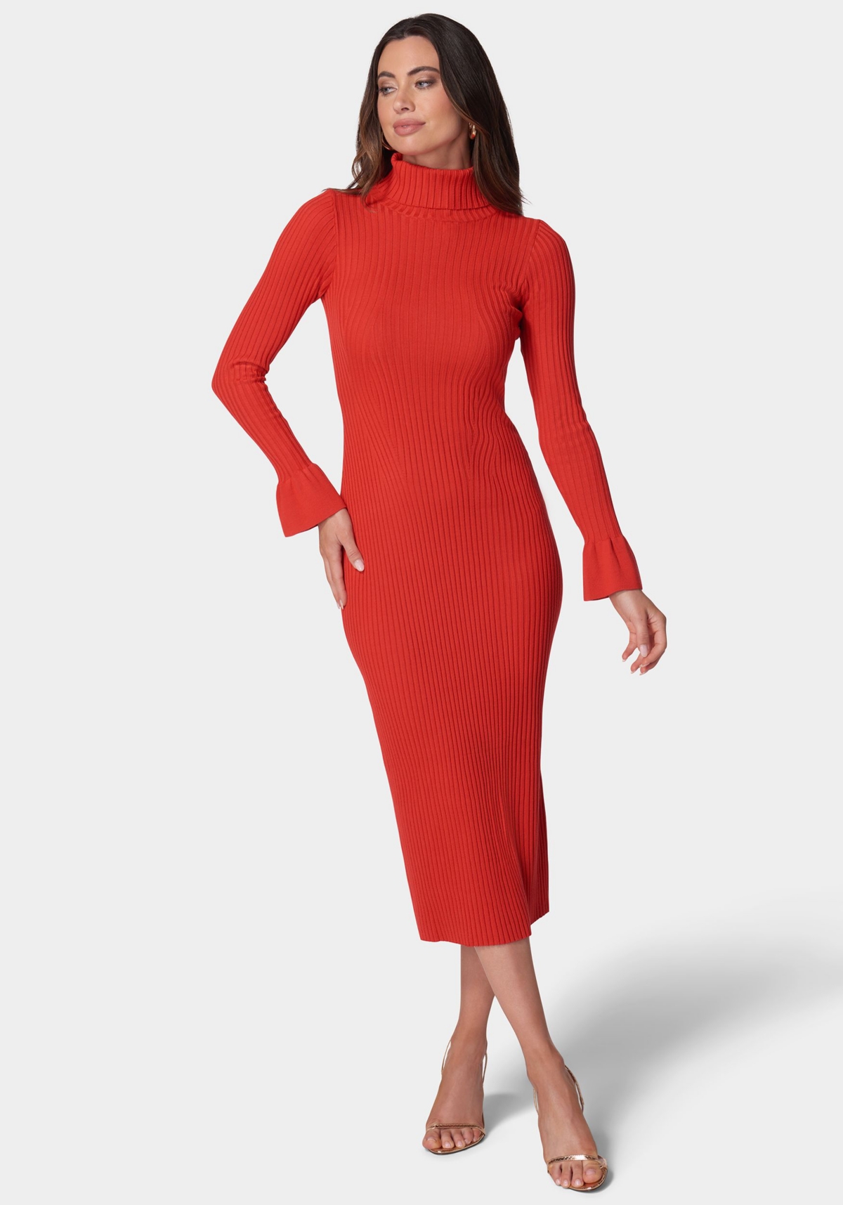 Bebe Women’s Bell Sleeve Turtleneck Midi Dress – Red Bebe Women’s Bell Sleeve Turtleneck Midi Dress – Red