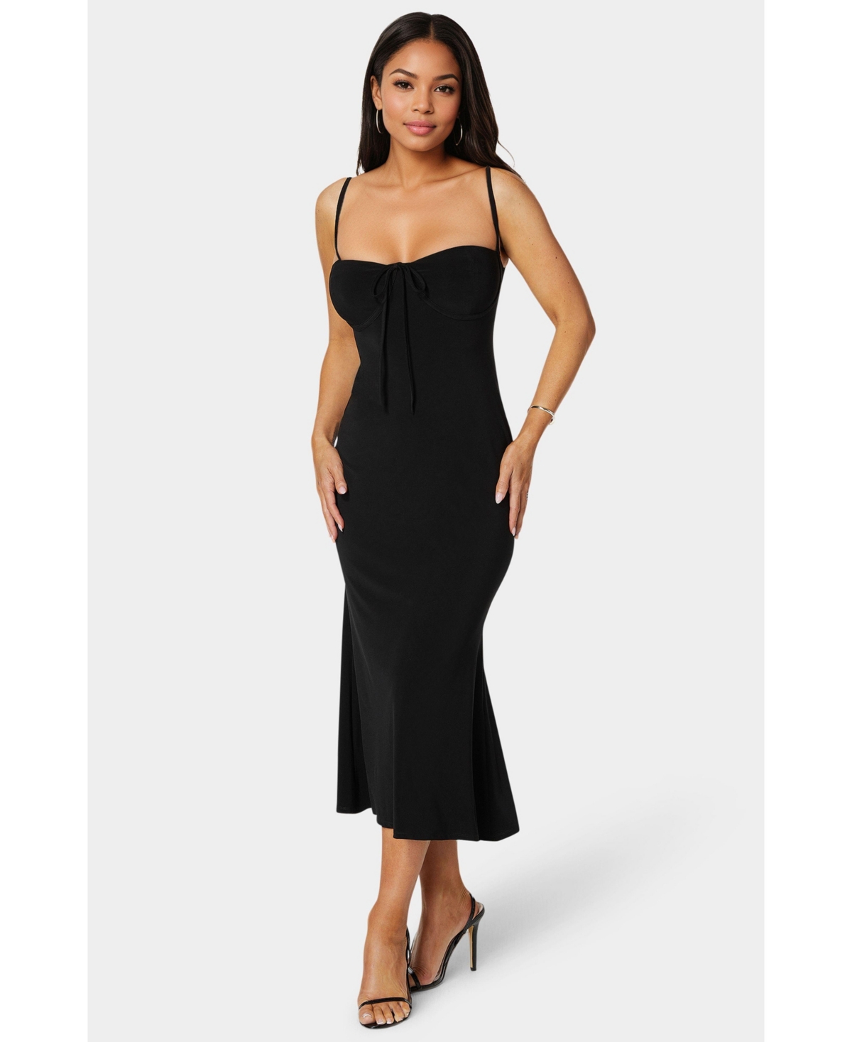 Bebe Women’s Bow Front Bustier Knit Slip Midi Dress – Black